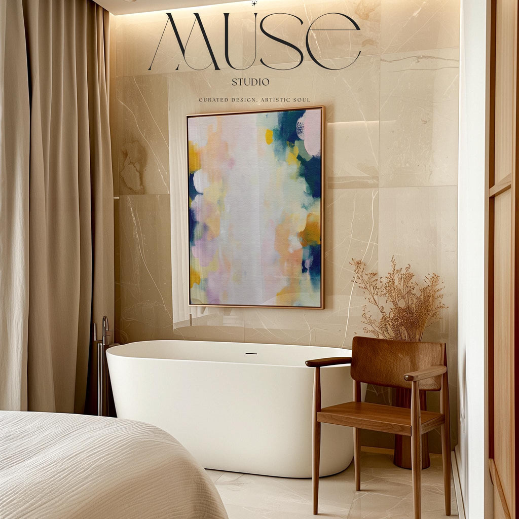 Muse Studio large vertical abstract canvas wall art printed with museum-grade giclée inks on premium gallery-wrapped canvas, featuring blush and navy pastel tones in an Organic Transitional style, styled above a dresser in a serene coastal bedroom.