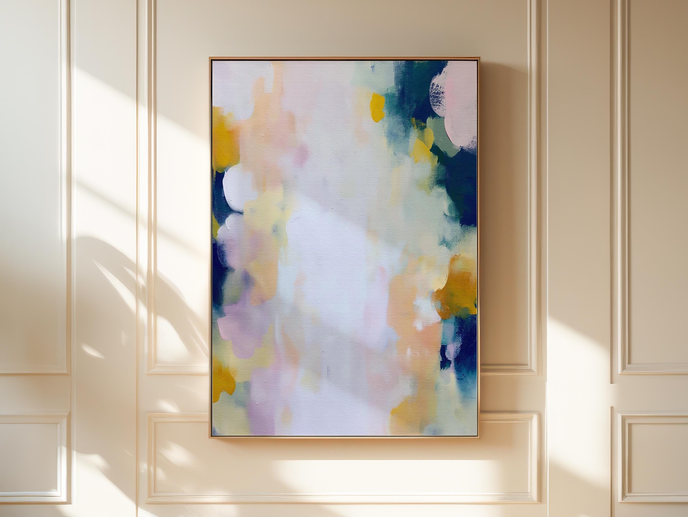 Muse Studio large vertical abstract canvas wall art printed with museum-grade giclée inks on premium gallery-wrapped canvas, featuring blush and navy pastel tones in an Organic Transitional style, styled above a dresser in a serene coastal bedroom.