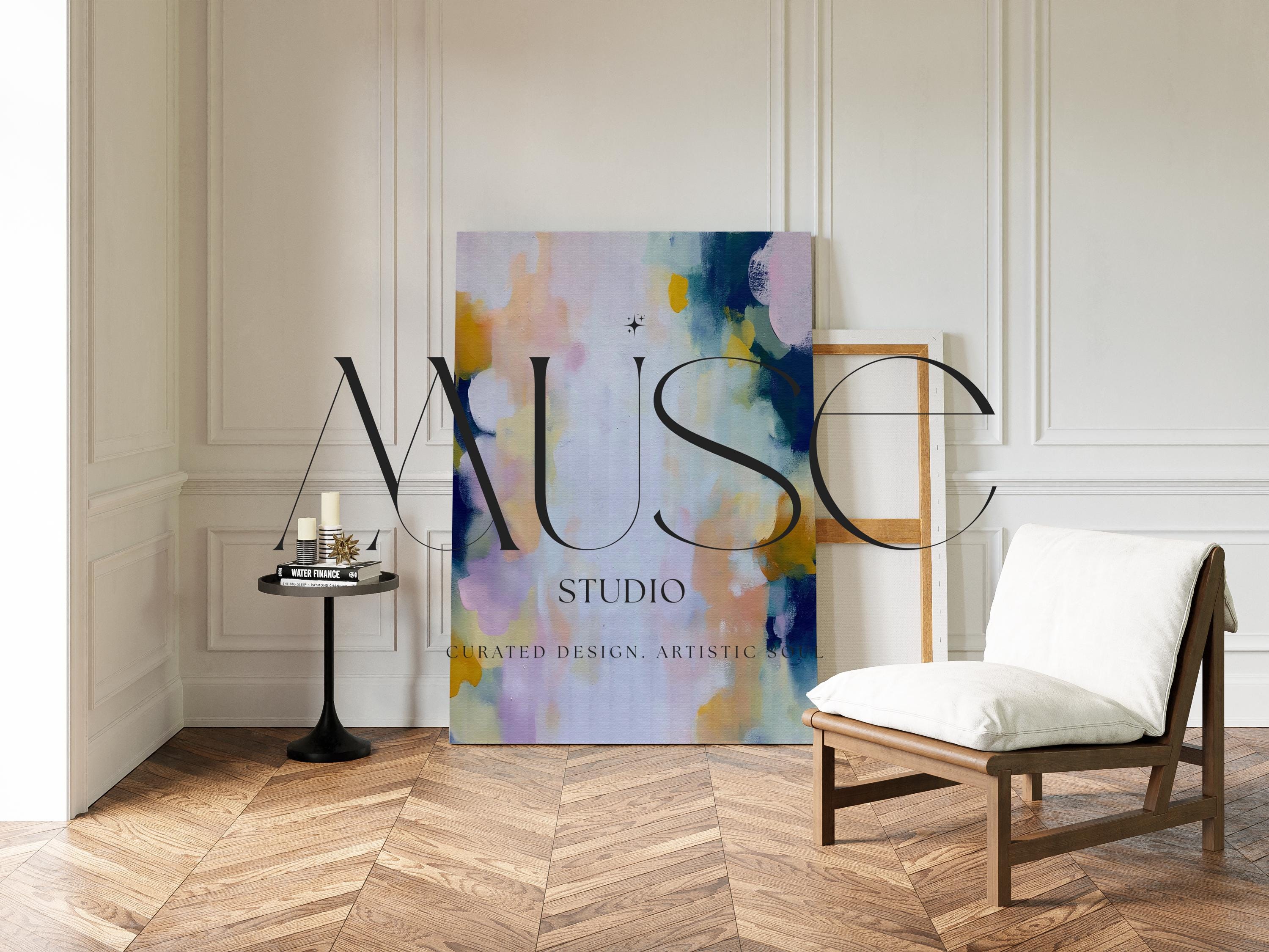 Muse Studio large vertical abstract canvas wall art printed with museum-grade giclée inks on premium gallery-wrapped canvas, featuring blush and navy pastel tones in an Organic Transitional style, styled above a dresser in a serene coastal bedroom.