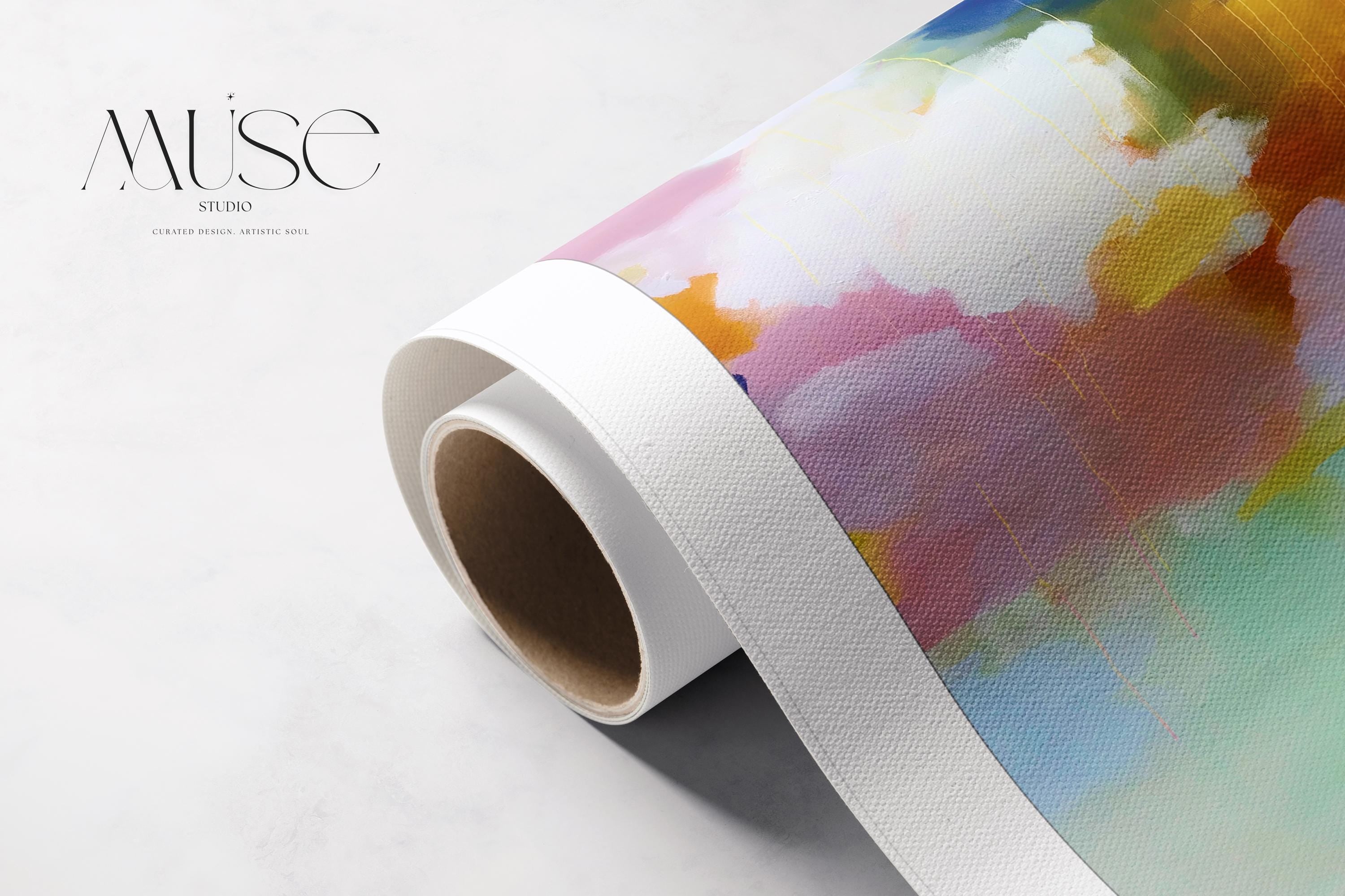 Muse Studio large horizontal abstract canvas wall art printed with museum-grade giclée inks on premium gallery-wrapped canvas, featuring blush, citrus, and navy pastel tones in a Soft Contemporary Pastel style, styled above a linen sofa in a coastal living room.