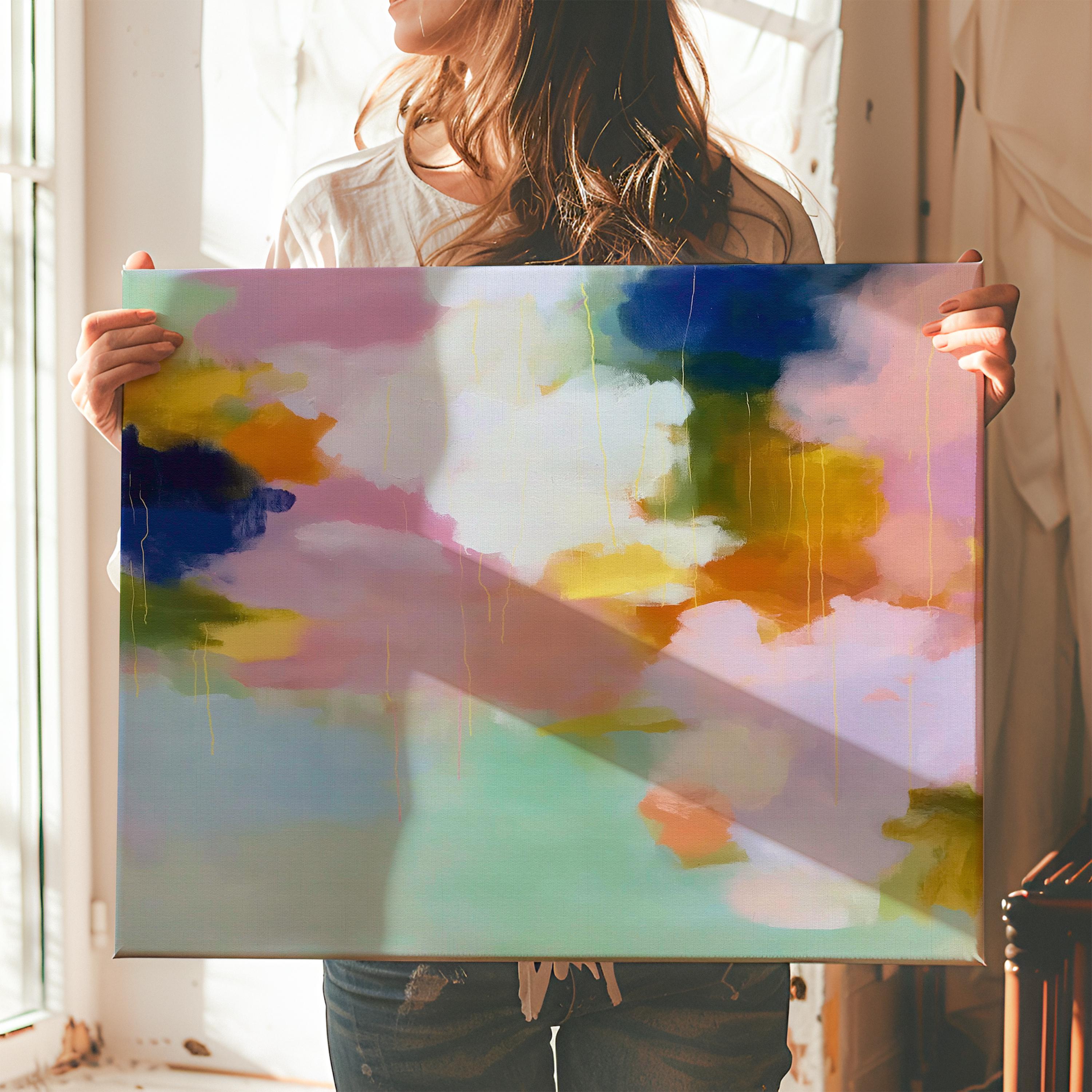 Muse Studio large horizontal abstract canvas wall art printed with museum-grade giclée inks on premium gallery-wrapped canvas, featuring blush, citrus, and navy pastel tones in a Soft Contemporary Pastel style, styled above a linen sofa in a coastal living room.