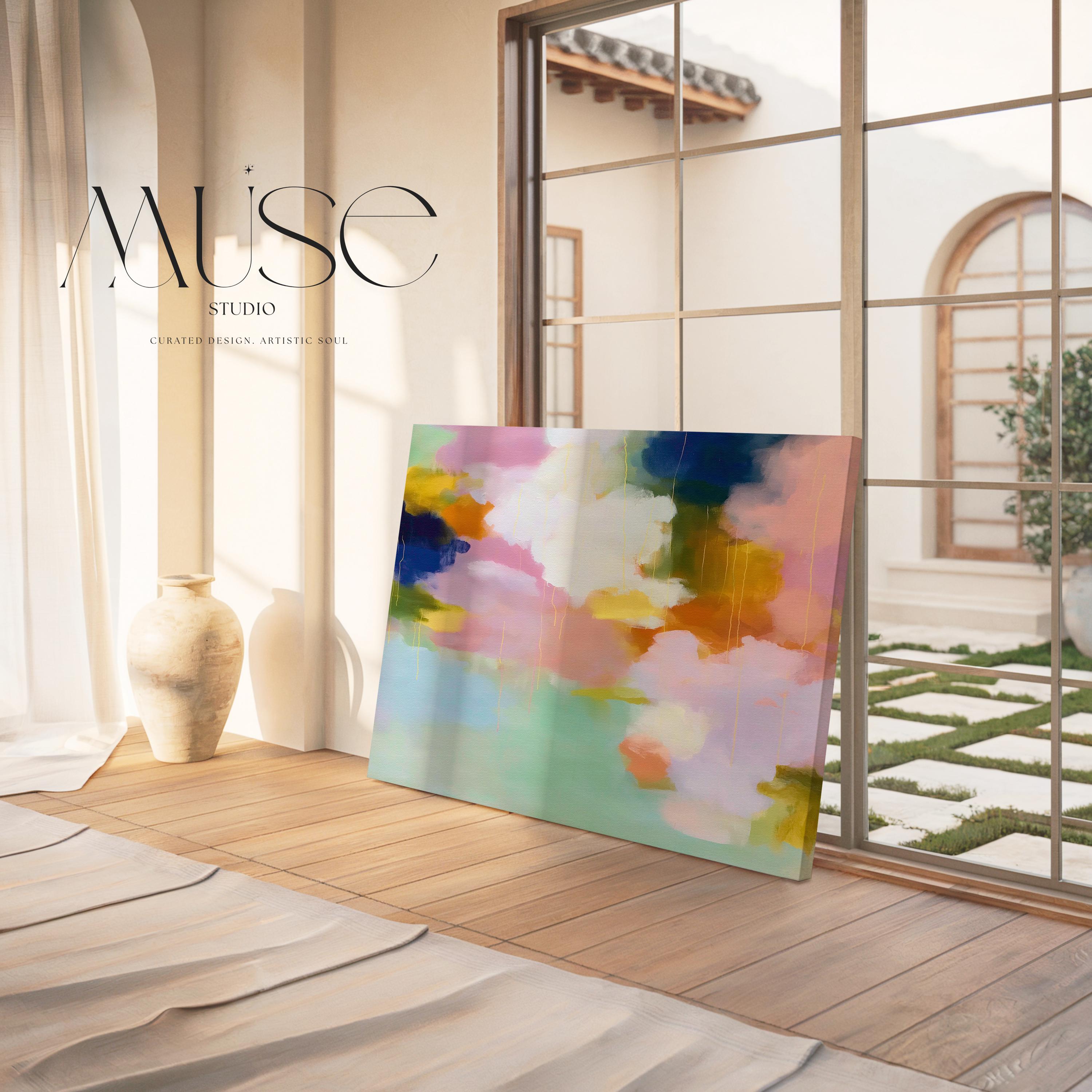 Muse Studio large horizontal abstract canvas wall art printed with museum-grade giclée inks on premium gallery-wrapped canvas, featuring blush, citrus, and navy pastel tones in a Soft Contemporary Pastel style, styled above a linen sofa in a coastal living room.
