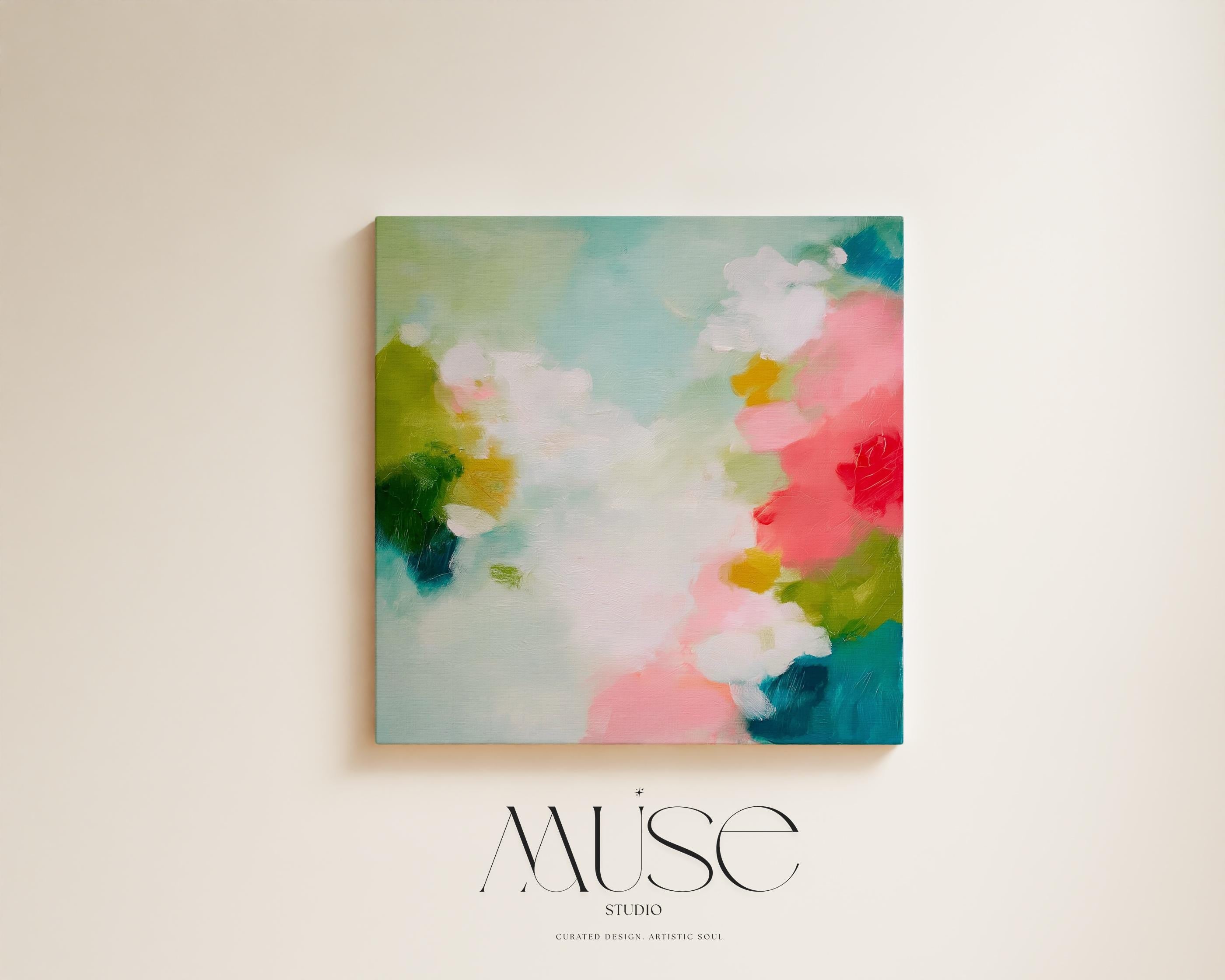 Muse Studio large square abstract canvas wall art printed with museum-grade giclée inks on premium gallery-wrapped canvas, featuring vibrant pink and aqua floral tones in a Color Pop Eclectic style, styled in a preppy dorm room above a bed.