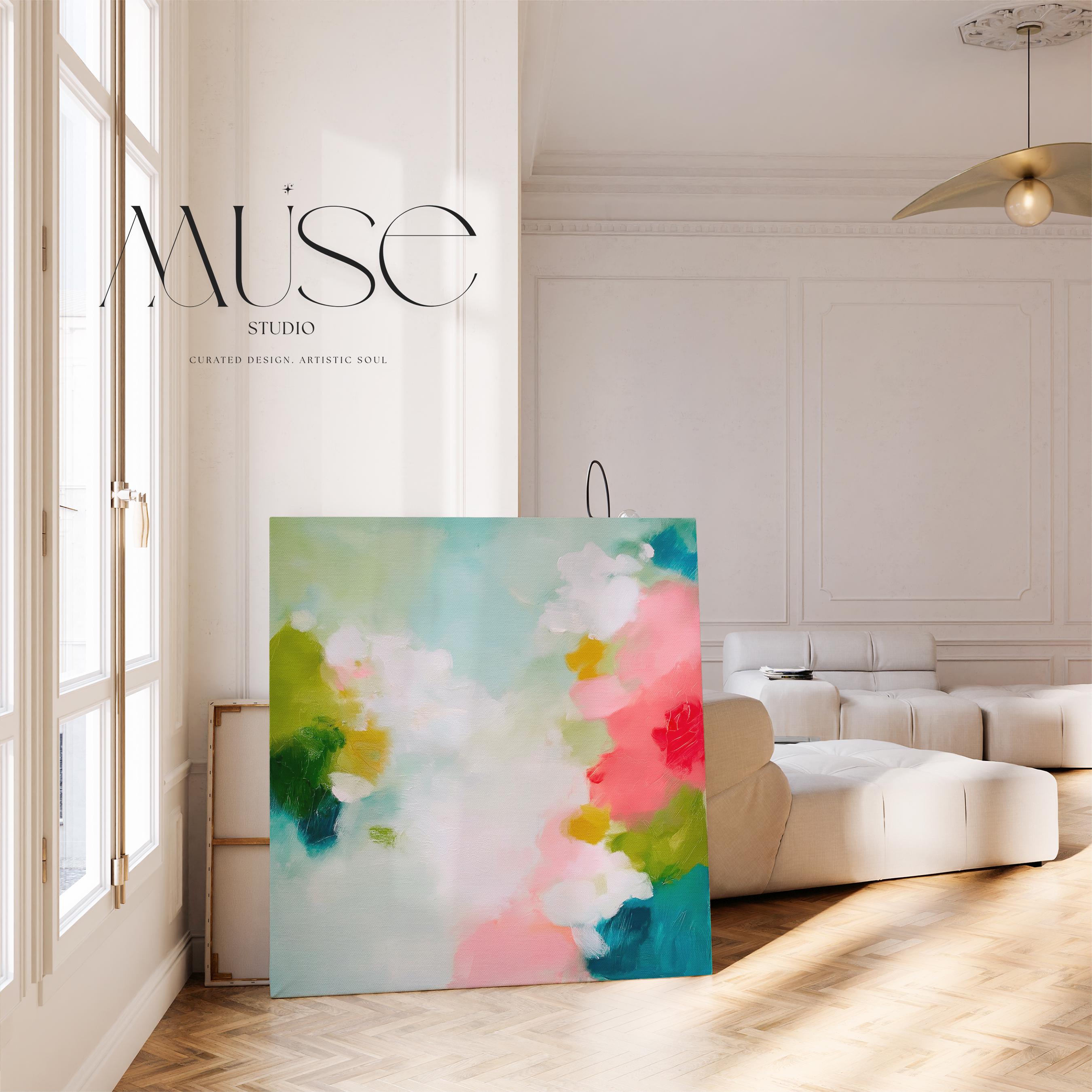 Muse Studio large square abstract canvas wall art printed with museum-grade giclée inks on premium gallery-wrapped canvas, featuring vibrant pink and aqua floral tones in a Color Pop Eclectic style, styled in a preppy dorm room above a bed.
