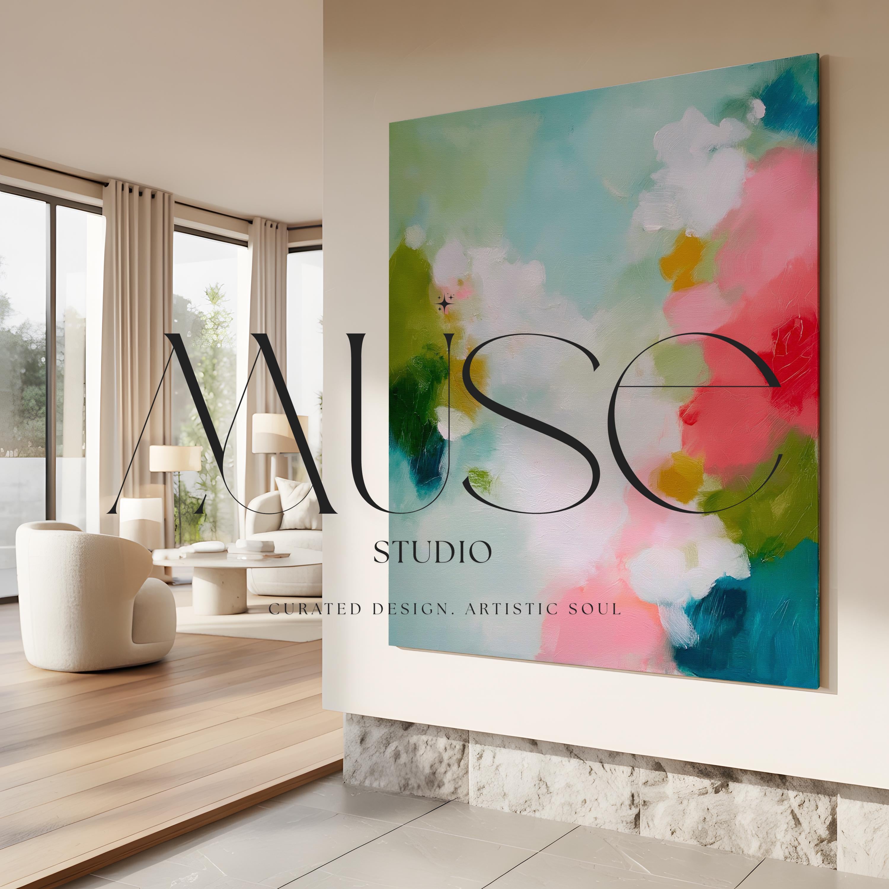 Muse Studio large square abstract canvas wall art printed with museum-grade giclée inks on premium gallery-wrapped canvas, featuring vibrant pink and aqua floral tones in a Color Pop Eclectic style, styled in a preppy dorm room above a bed.