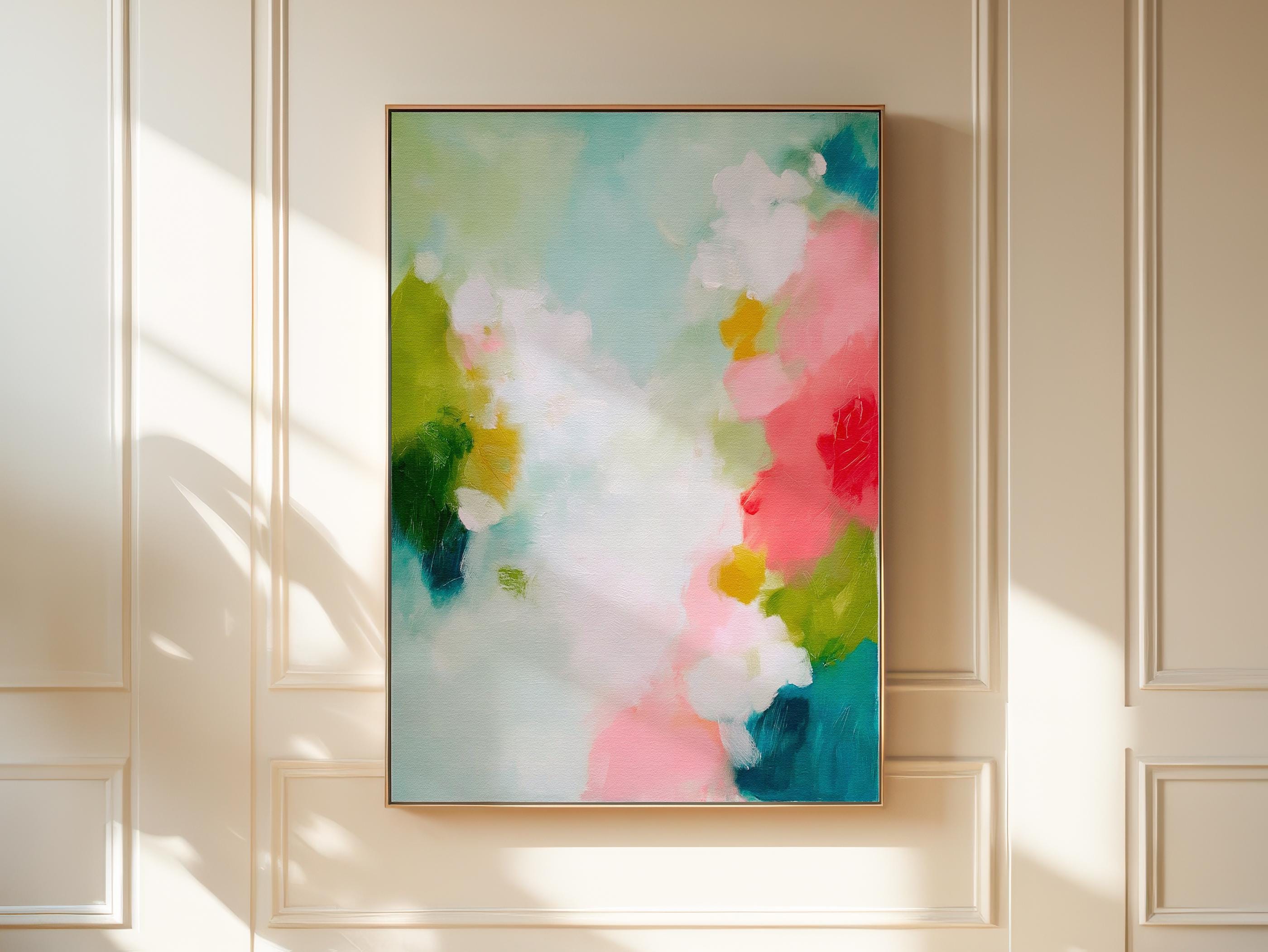Muse Studio large vertical framed abstract wall art printed with museum-grade giclée inks on premium gallery-wrapped canvas, featuring vibrant pink, aqua, and green floral tones in a Color Pop Eclectic style, styled above a bed in a preppy dorm room.