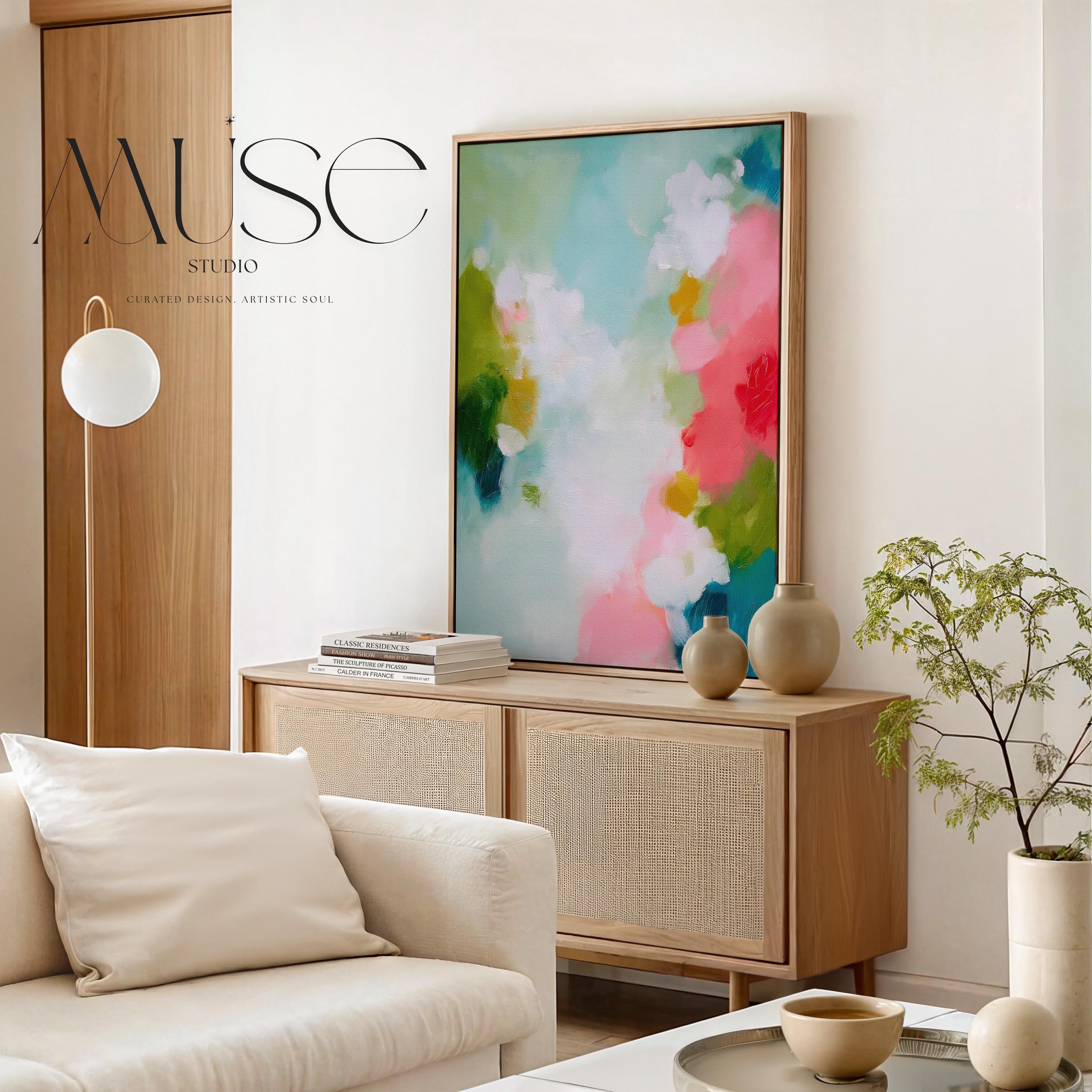 Muse Studio large vertical framed abstract wall art printed with museum-grade giclée inks on premium gallery-wrapped canvas, featuring vibrant pink, aqua, and green floral tones in a Color Pop Eclectic style, styled above a bed in a preppy dorm room.