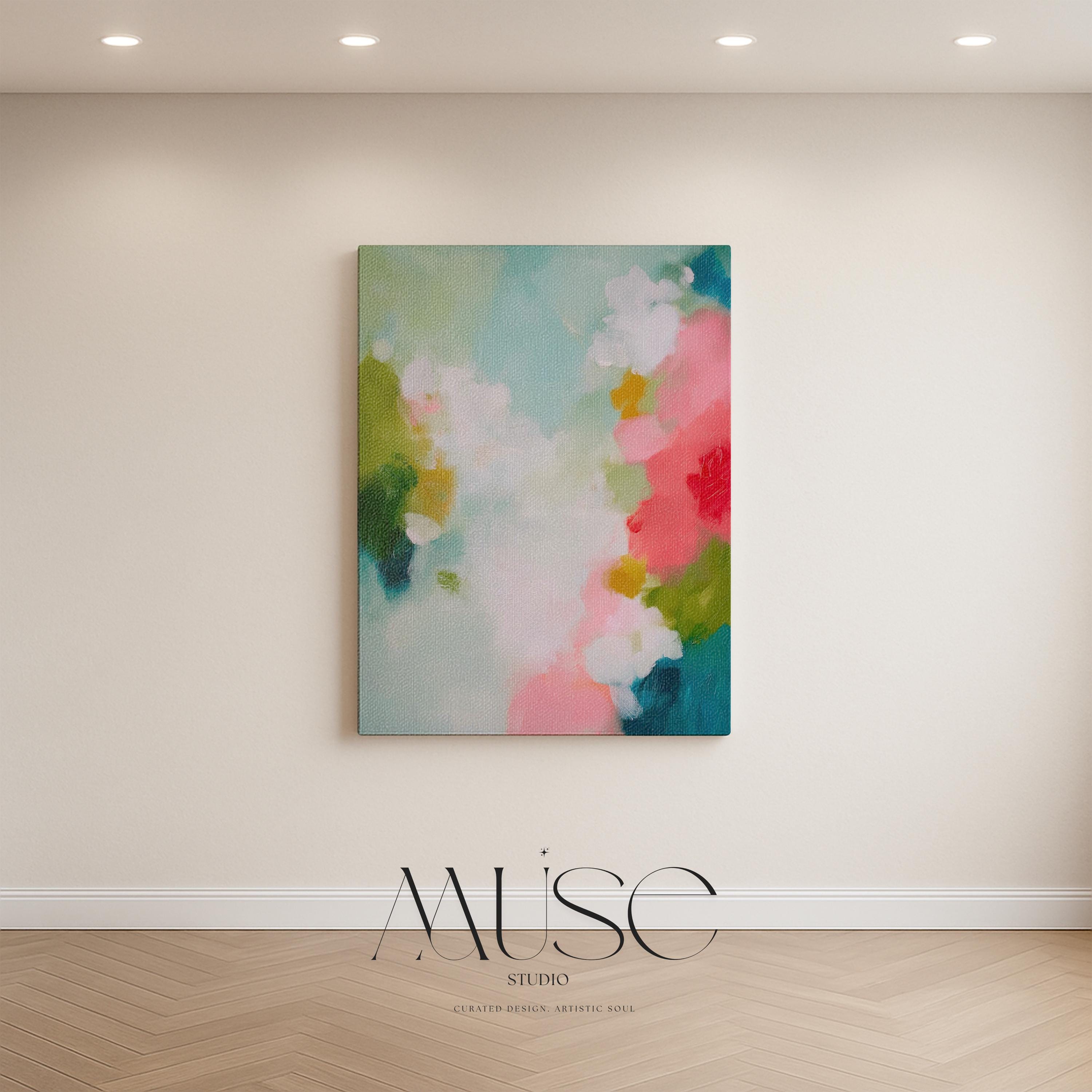 Muse Studio large vertical framed abstract wall art printed with museum-grade giclée inks on premium gallery-wrapped canvas, featuring vibrant pink, aqua, and green floral tones in a Color Pop Eclectic style, styled above a bed in a preppy dorm room.