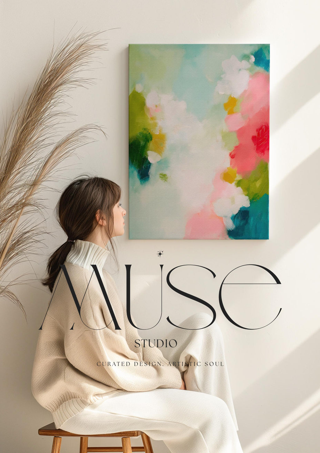Muse Studio large vertical framed abstract wall art printed with museum-grade giclée inks on premium gallery-wrapped canvas, featuring vibrant pink, aqua, and green floral tones in a Color Pop Eclectic style, styled above a bed in a preppy dorm room.