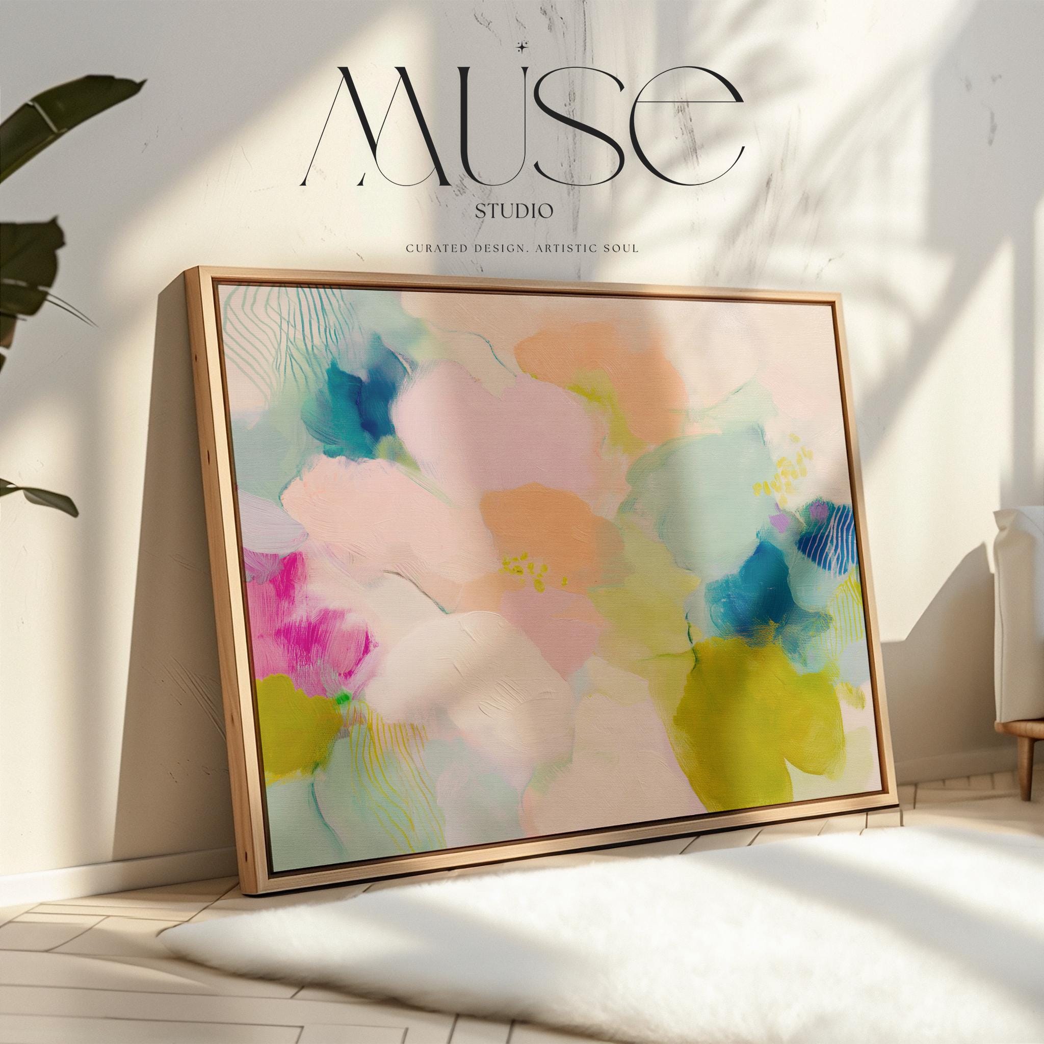 Muse Studio large framed abstract wall art on museum-grade artist canvas with fade-resistant giclée inks, framed in 100% solid wood with custom framing options in gold, silver, natural oak, black, and white, Soft Contemporary Pastel style, Petal Rhapsody 1045.