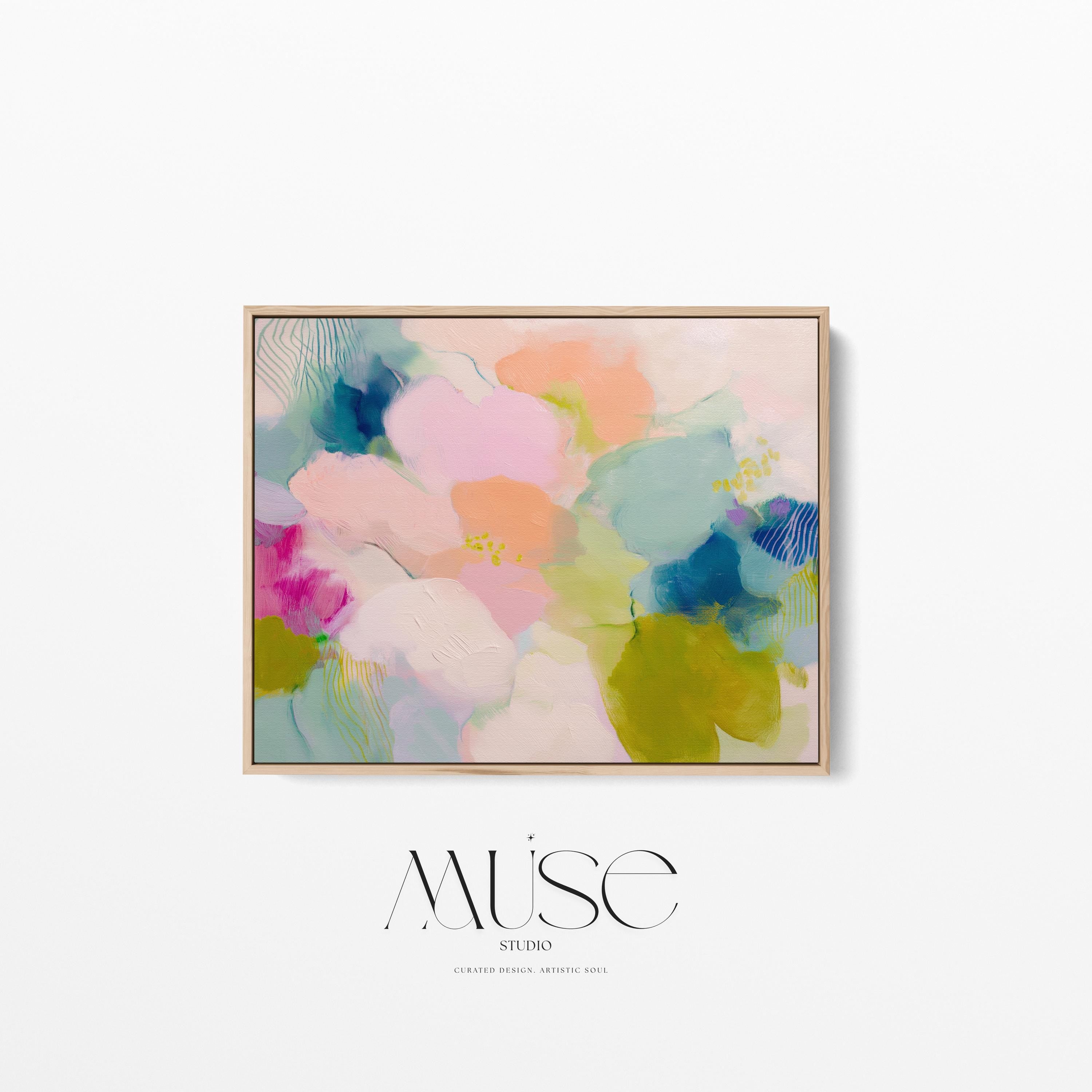 Muse Studio large framed abstract wall art on museum-grade artist canvas with fade-resistant giclée inks, framed in 100% solid wood with custom framing options in gold, silver, natural oak, black, and white, Soft Contemporary Pastel style, Petal Rhapsody 1045.