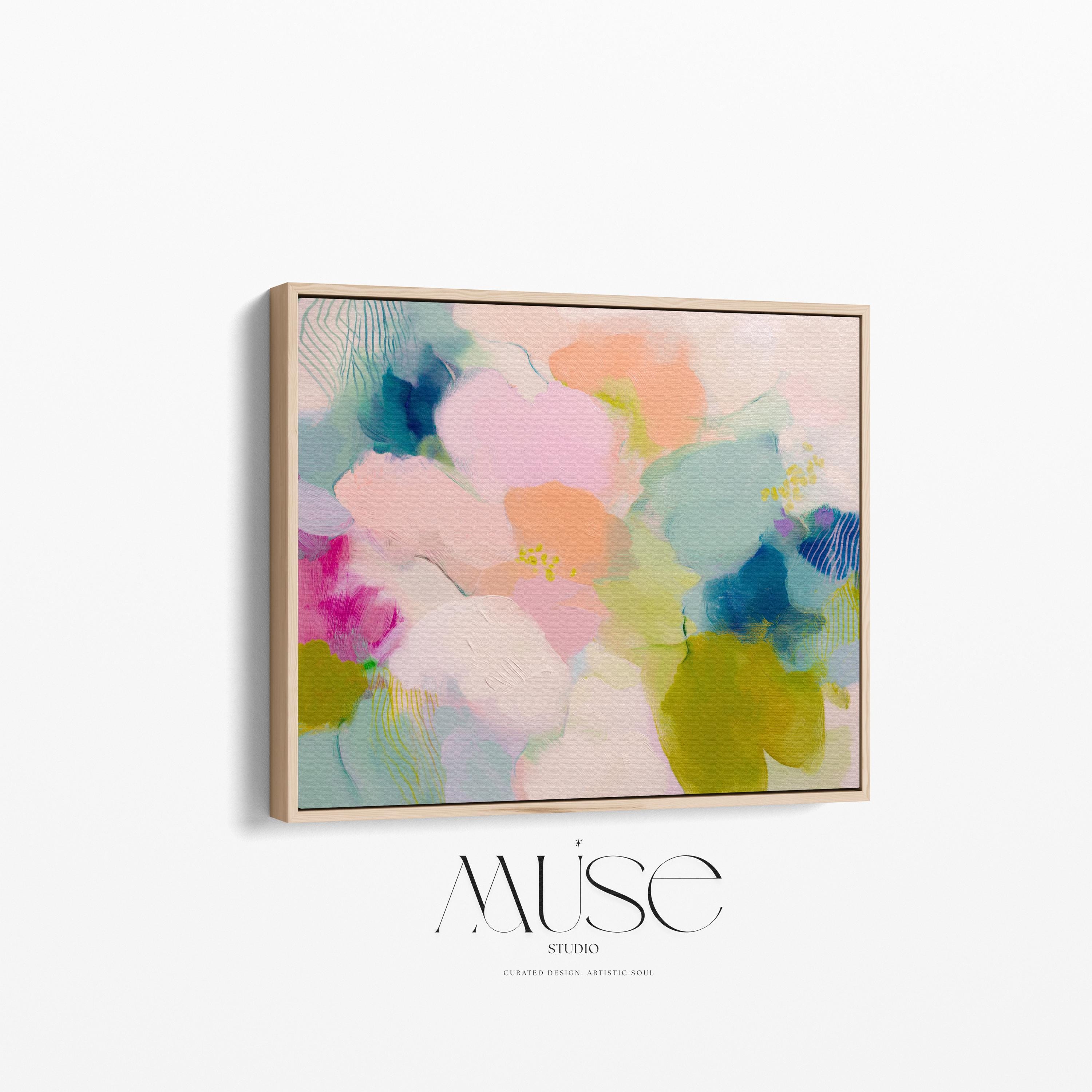 Muse Studio large framed abstract wall art on museum-grade artist canvas with fade-resistant giclée inks, framed in 100% solid wood with custom framing options in gold, silver, natural oak, black, and white, Soft Contemporary Pastel style, Petal Rhapsody 1045.