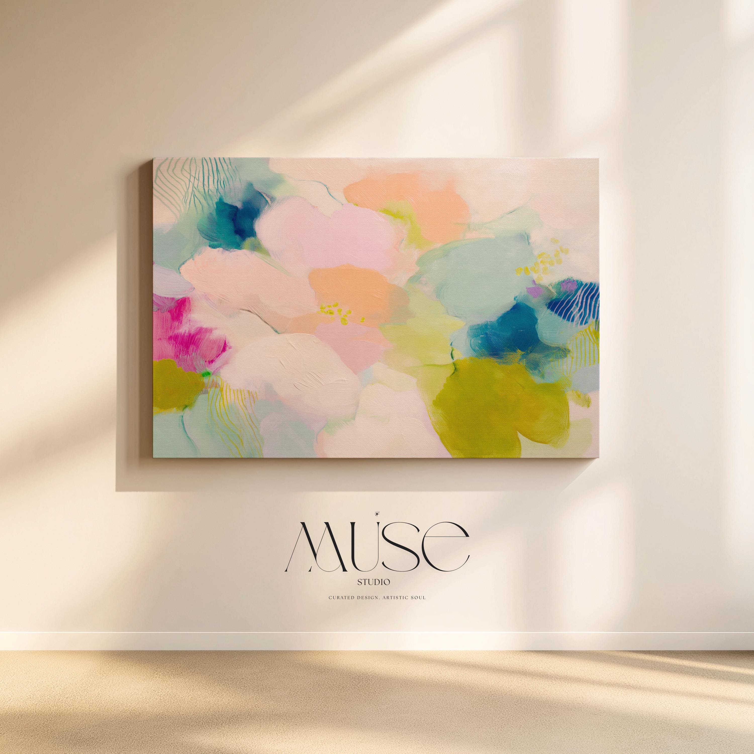 Muse Studio large floral abstract canvas wall art in blush pink, apricot peach, pale sage, muted teal, and soft chartreuse, created on premium artist canvas with museum-grade giclée inks, designed for bright bedrooms, creative home offices, and relaxed living room interiors.
