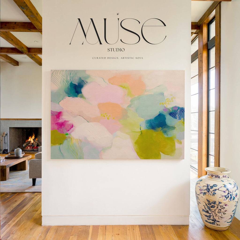 Muse Studio large floral abstract canvas wall art in blush pink, apricot peach, pale sage, muted teal, and soft chartreuse, created on premium artist canvas with museum-grade giclée inks, designed for bright bedrooms, creative home offices, and relaxed living room interiors.