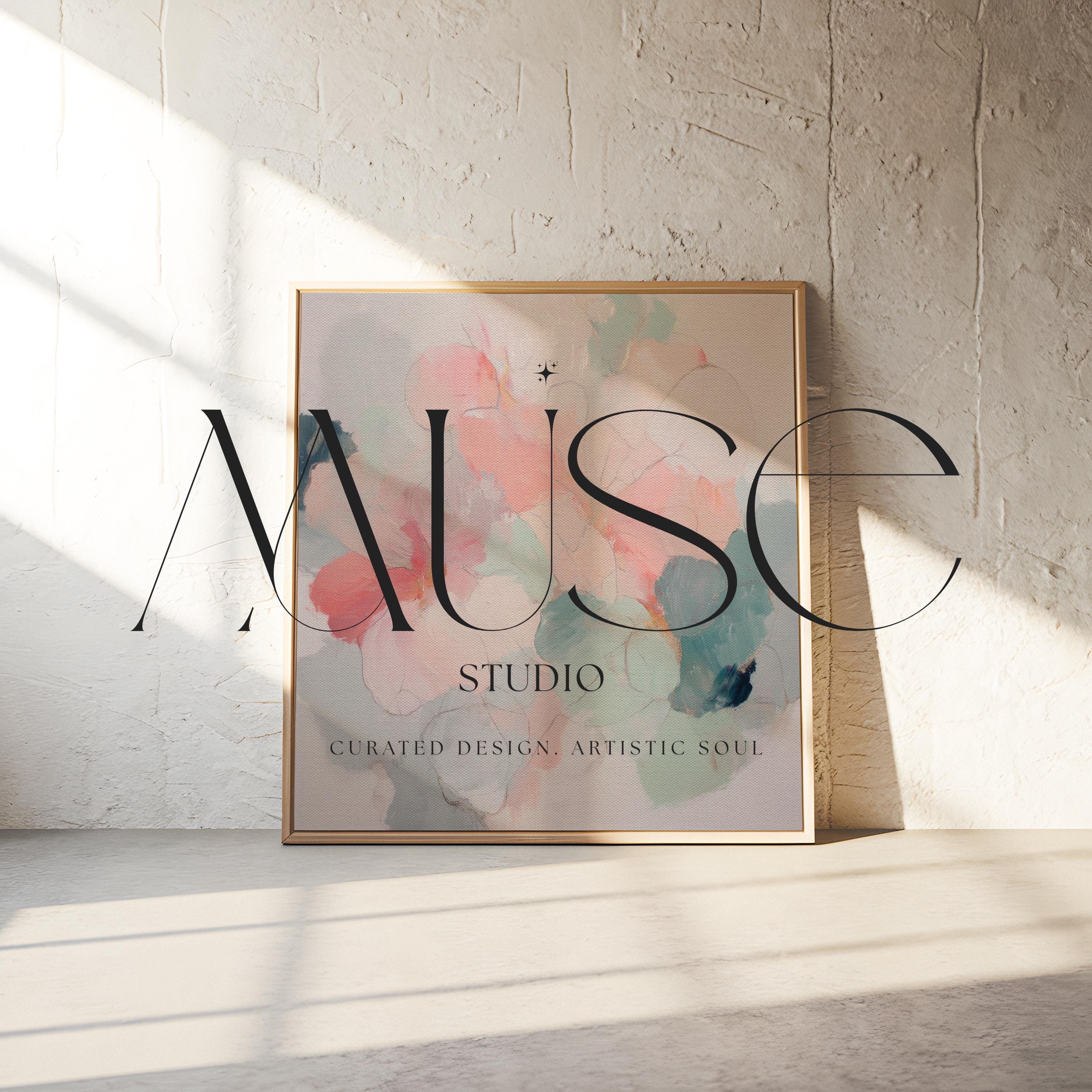 Muse Studio large framed floral abstract wall art created with soft blush and sage tones, produced on premium artist-grade canvas with museum-grade giclée inks and set in a solid wood float frame, styled for an Organic Transitional bedroom interior.