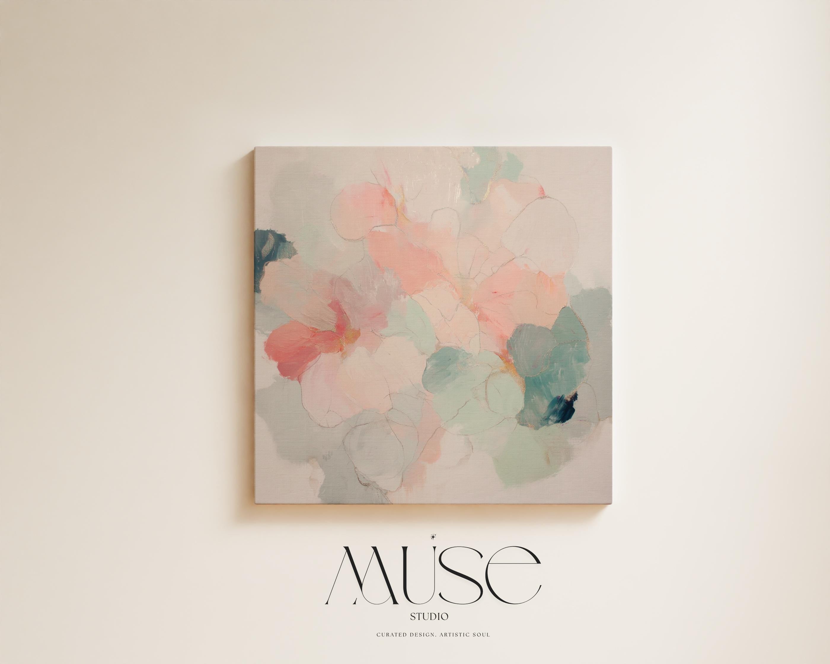 Muse Studio large square floral abstract canvas wall art in blush and sage, printed with museum-grade giclée inks on premium gallery-wrapped artist canvas, designed for Organic Transitional living room or bedroom placement.