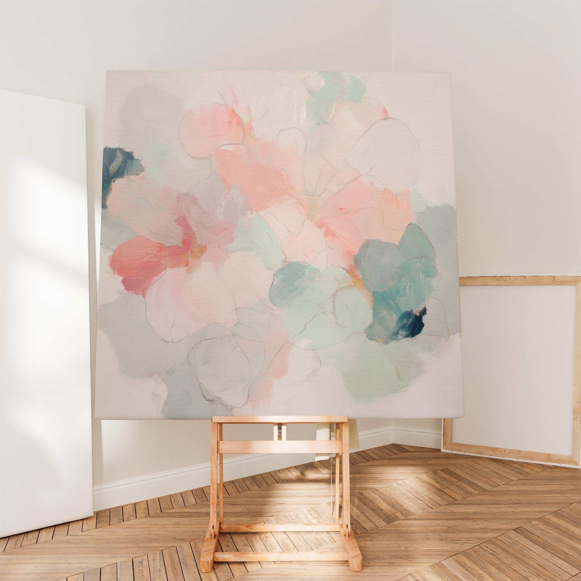 Muse Studio large square floral abstract canvas wall art in blush and sage, printed with museum-grade giclée inks on premium gallery-wrapped artist canvas, designed for Organic Transitional living room or bedroom placement.