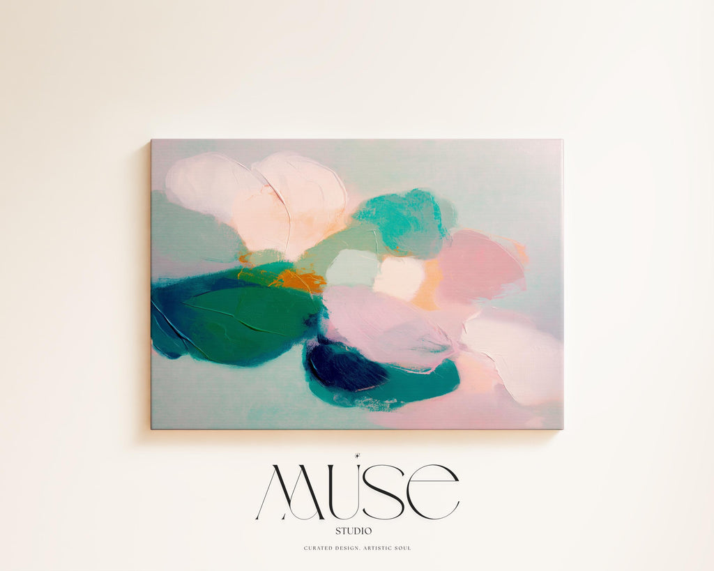Aurora Muse 001 by Muse Studio — large horizontal floral abstract wall art in pink, teal, and coral tones on premium gallery-wrapped artist canvas with museum-grade giclée inks. Available framed or unframed with custom wood float frames in natural, white, black, antique gold, or silver for modern preppy interiors.
