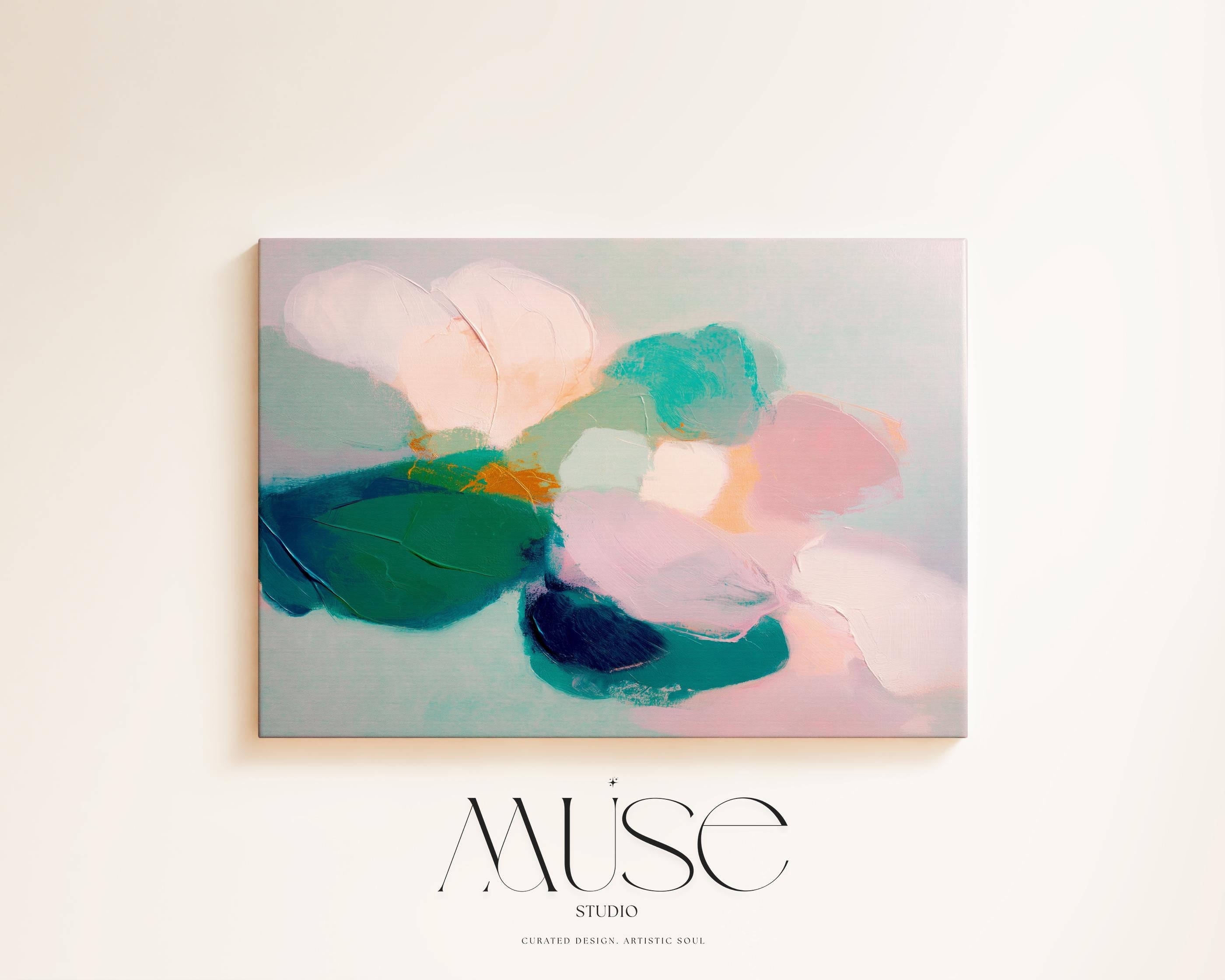Aurora Muse 001 by Muse Studio — large horizontal floral abstract wall art in pink, teal, and coral tones on premium gallery-wrapped artist canvas with museum-grade giclée inks. Available framed or unframed with custom wood float frames in natural, white, black, antique gold, or silver for modern preppy interiors.