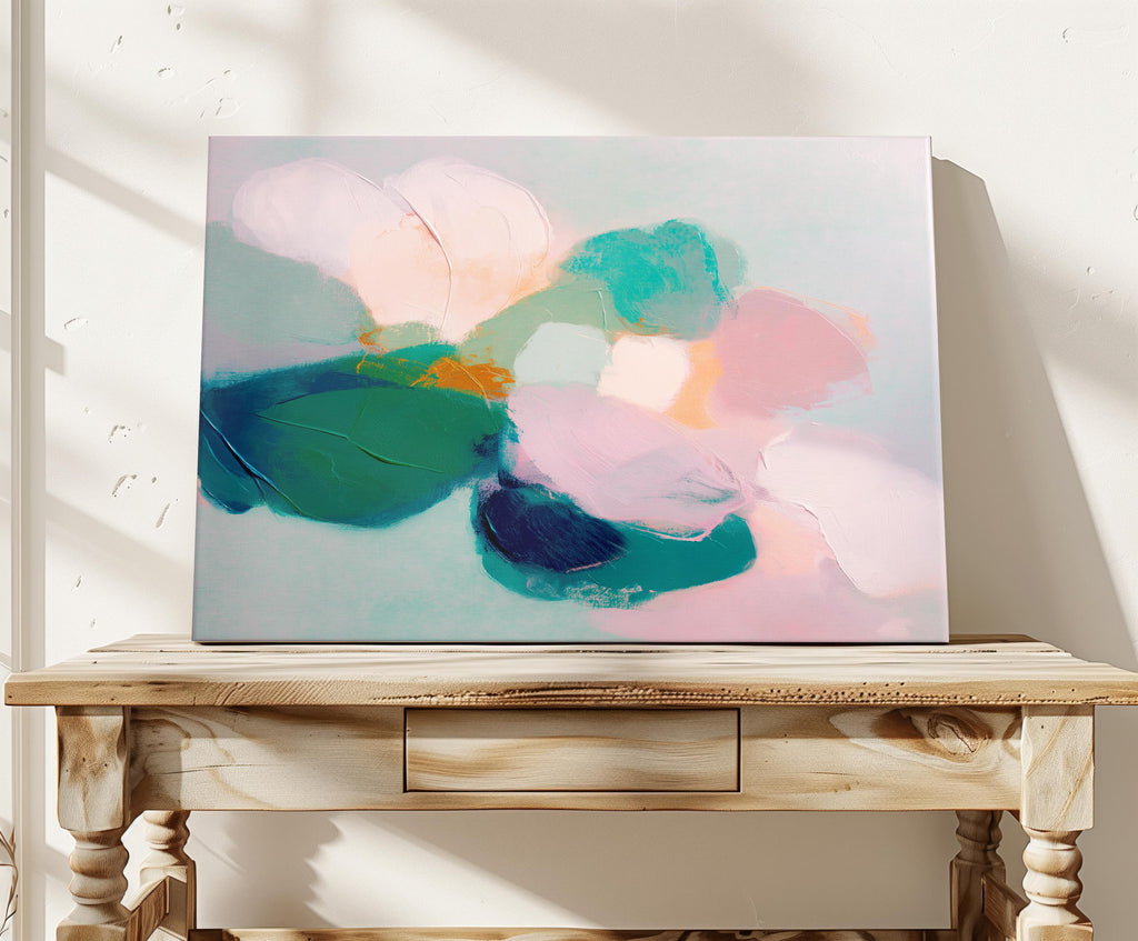 Aurora Muse 001 by Muse Studio — large horizontal floral abstract wall art in pink, teal, and coral tones on premium gallery-wrapped artist canvas with museum-grade giclée inks. Available framed or unframed with custom wood float frames in natural, white, black, antique gold, or silver for modern preppy interiors.
