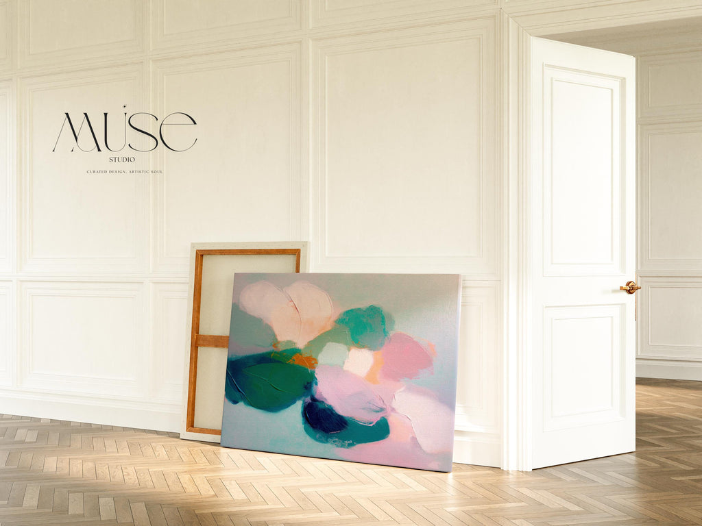 Aurora Muse 001 by Muse Studio — large horizontal floral abstract wall art in pink, teal, and coral tones on premium gallery-wrapped artist canvas with museum-grade giclée inks. Available framed or unframed with custom wood float frames in natural, white, black, antique gold, or silver for modern preppy interiors.
