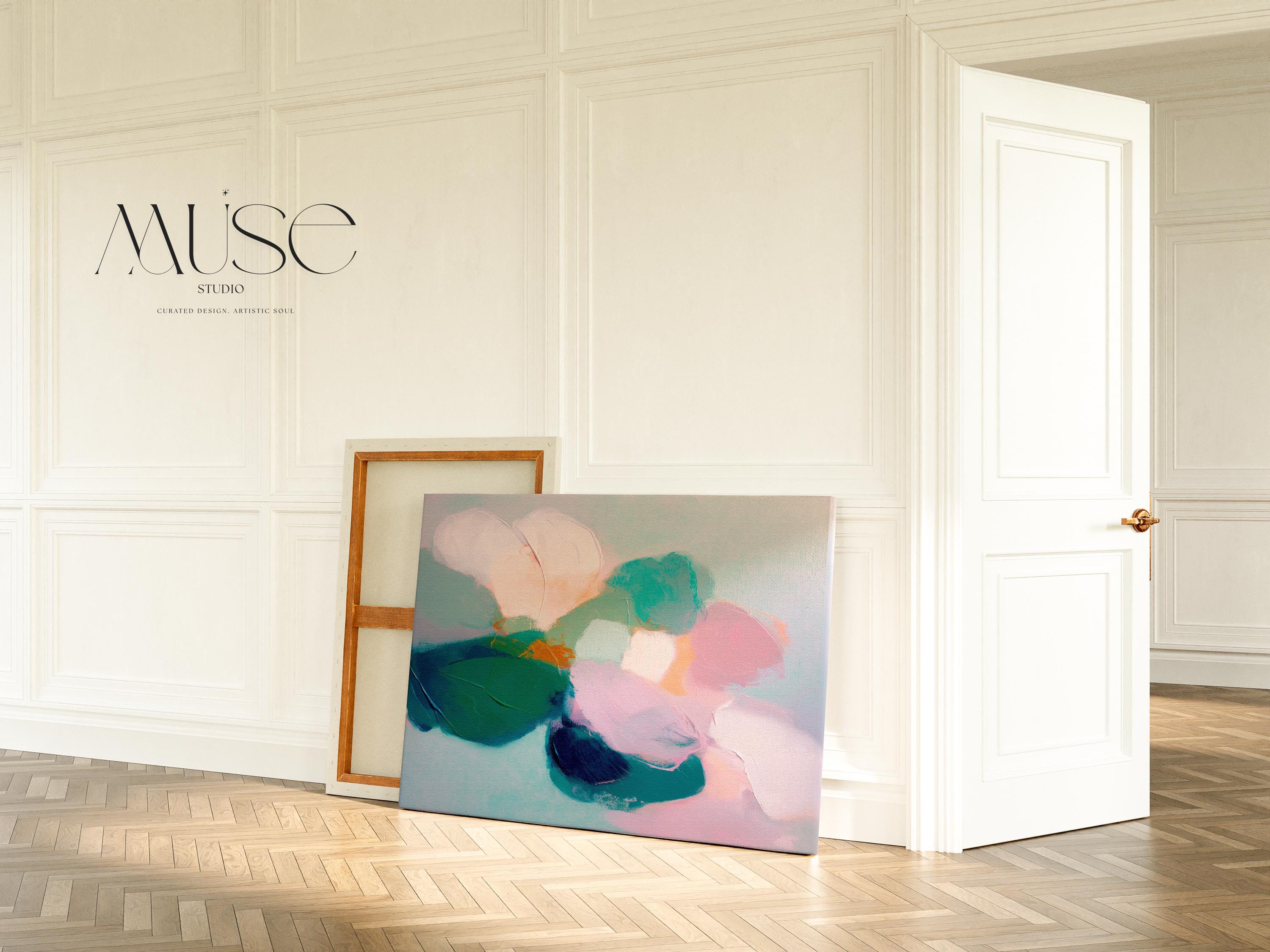 Aurora Muse 001 by Muse Studio — large horizontal floral abstract wall art in pink, teal, and coral tones on premium gallery-wrapped artist canvas with museum-grade giclée inks. Available framed or unframed with custom wood float frames in natural, white, black, antique gold, or silver for modern preppy interiors.
