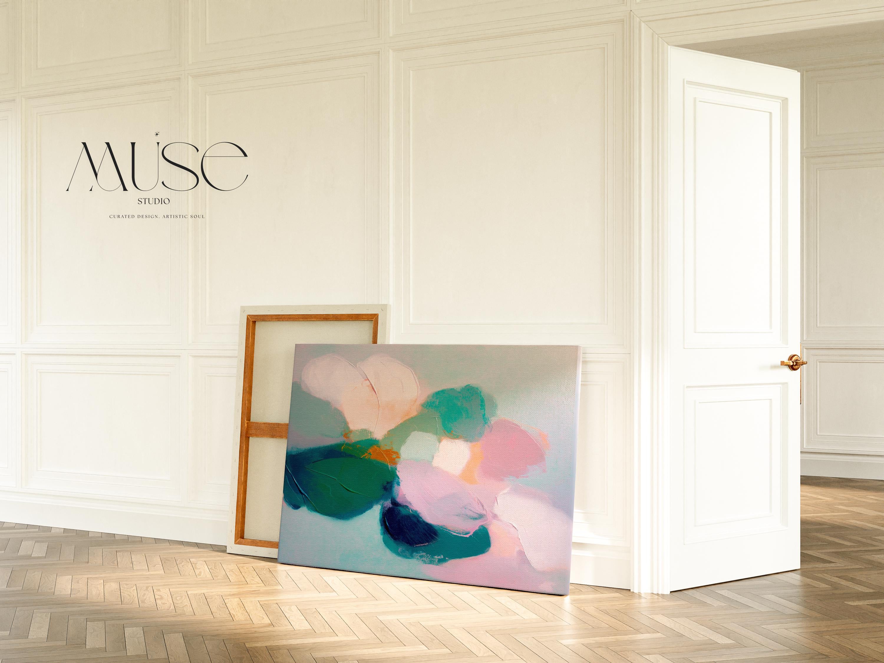 Aurora Muse 001 by Muse Studio — large horizontal floral abstract wall art in pink, teal, and coral tones on premium gallery-wrapped artist canvas with museum-grade giclée inks. Available framed or unframed with custom wood float frames in natural, white, black, antique gold, or silver for modern preppy interiors.