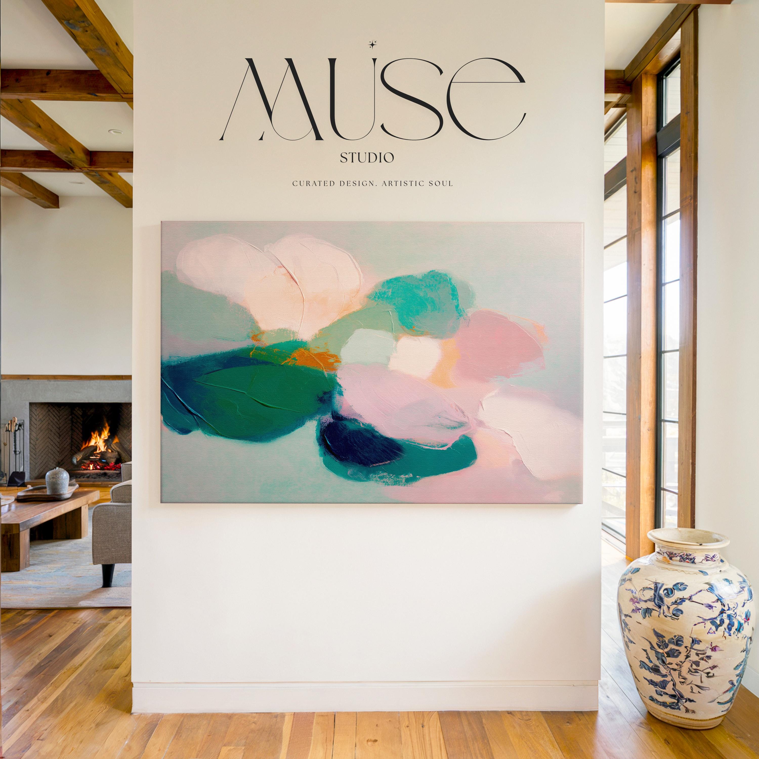 Aurora Muse 001 by Muse Studio — large horizontal floral abstract wall art in pink, teal, and coral tones on premium gallery-wrapped artist canvas with museum-grade giclée inks. Available framed or unframed with custom wood float frames in natural, white, black, antique gold, or silver for modern preppy interiors.