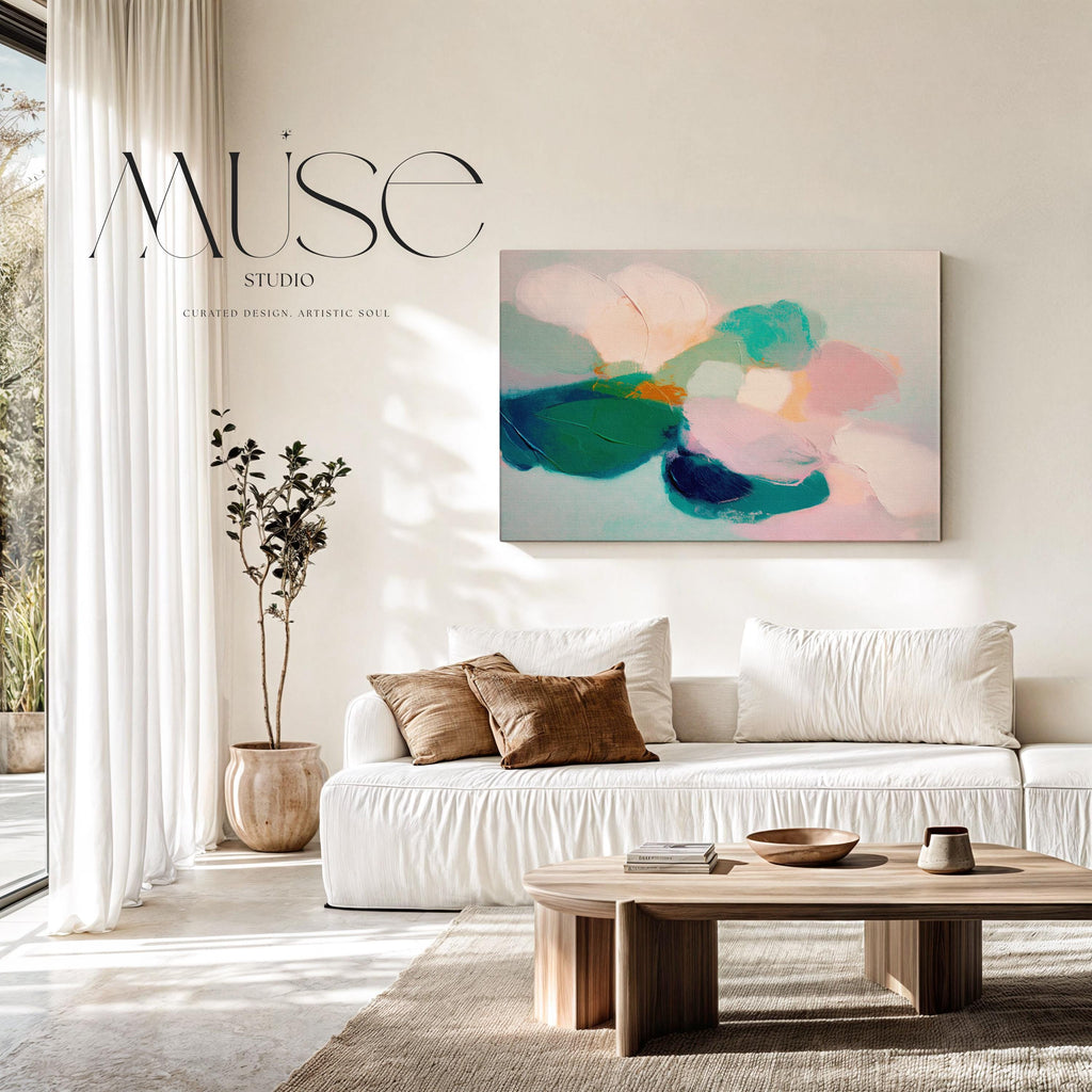 Aurora Muse 001 by Muse Studio — large horizontal floral abstract wall art in pink, teal, and coral tones on premium gallery-wrapped artist canvas with museum-grade giclée inks. Available framed or unframed with custom wood float frames in natural, white, black, antique gold, or silver for modern preppy interiors.