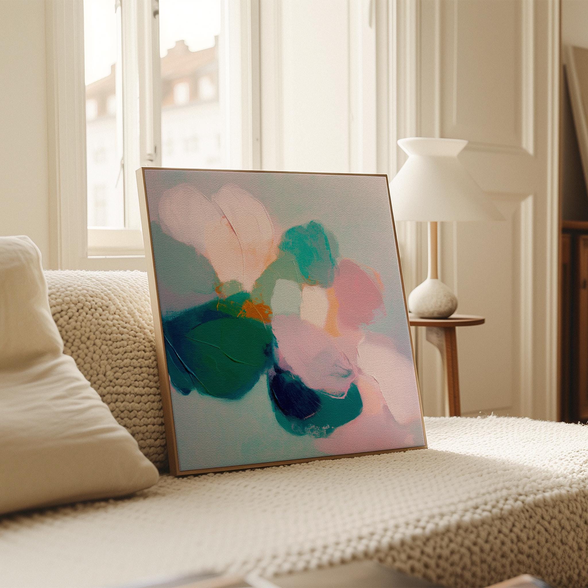 Aurora Muse 001 by Muse Studio — large horizontal romantic botanical canvas wall art in pink, teal, and coral tones on premium gallery-wrapped artist canvas with museum-grade giclée inks, available framed or unframed with custom wood float frames in natural, white, black, antique gold, or silver for serene designer interiors. 🌸🎨