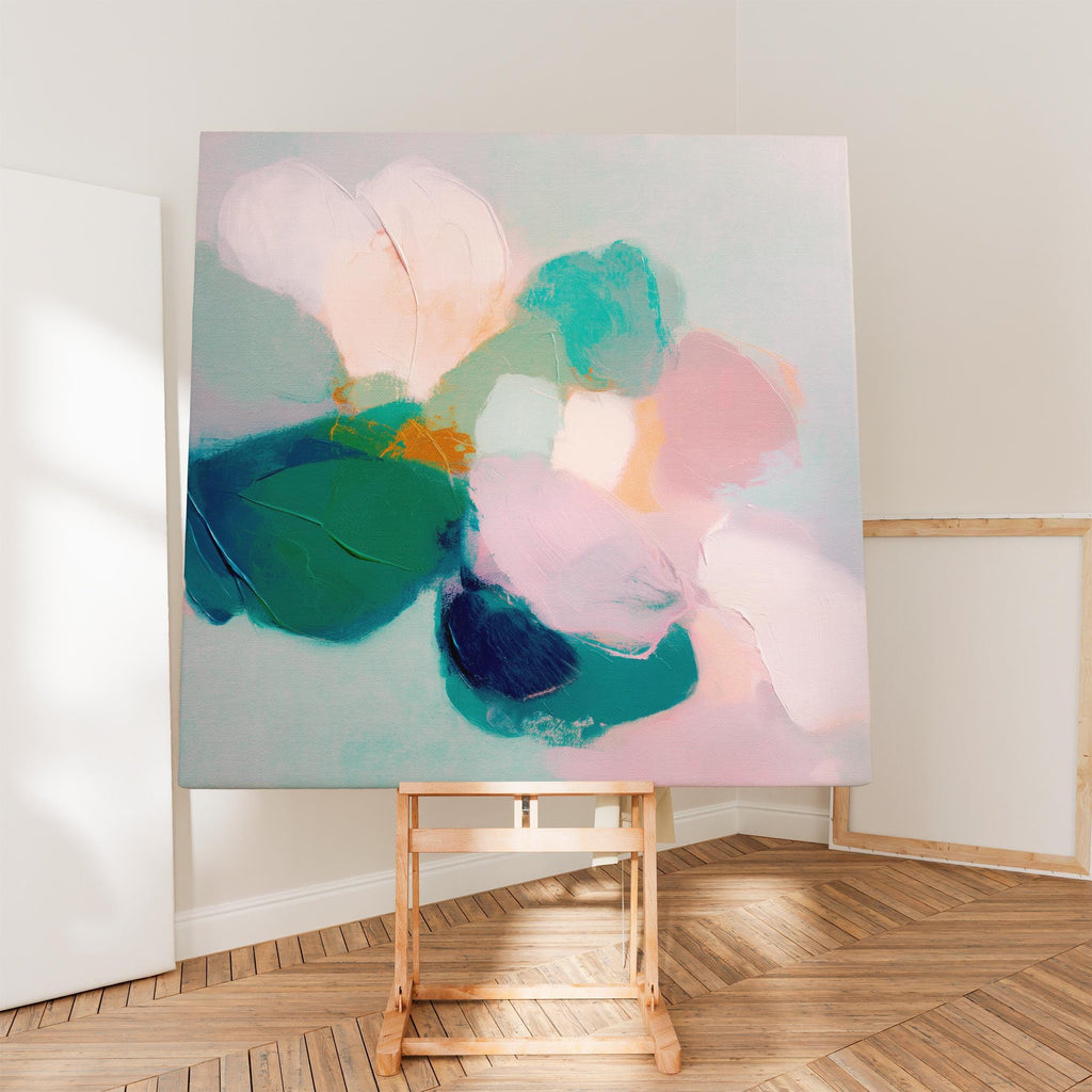 Aurora Muse 001 by Muse Studio — large horizontal romantic botanical canvas wall art in pink, teal, and coral tones on premium gallery-wrapped artist canvas with museum-grade giclée inks, available framed or unframed with custom wood float frames in natural, white, black, antique gold, or silver for serene designer interiors.