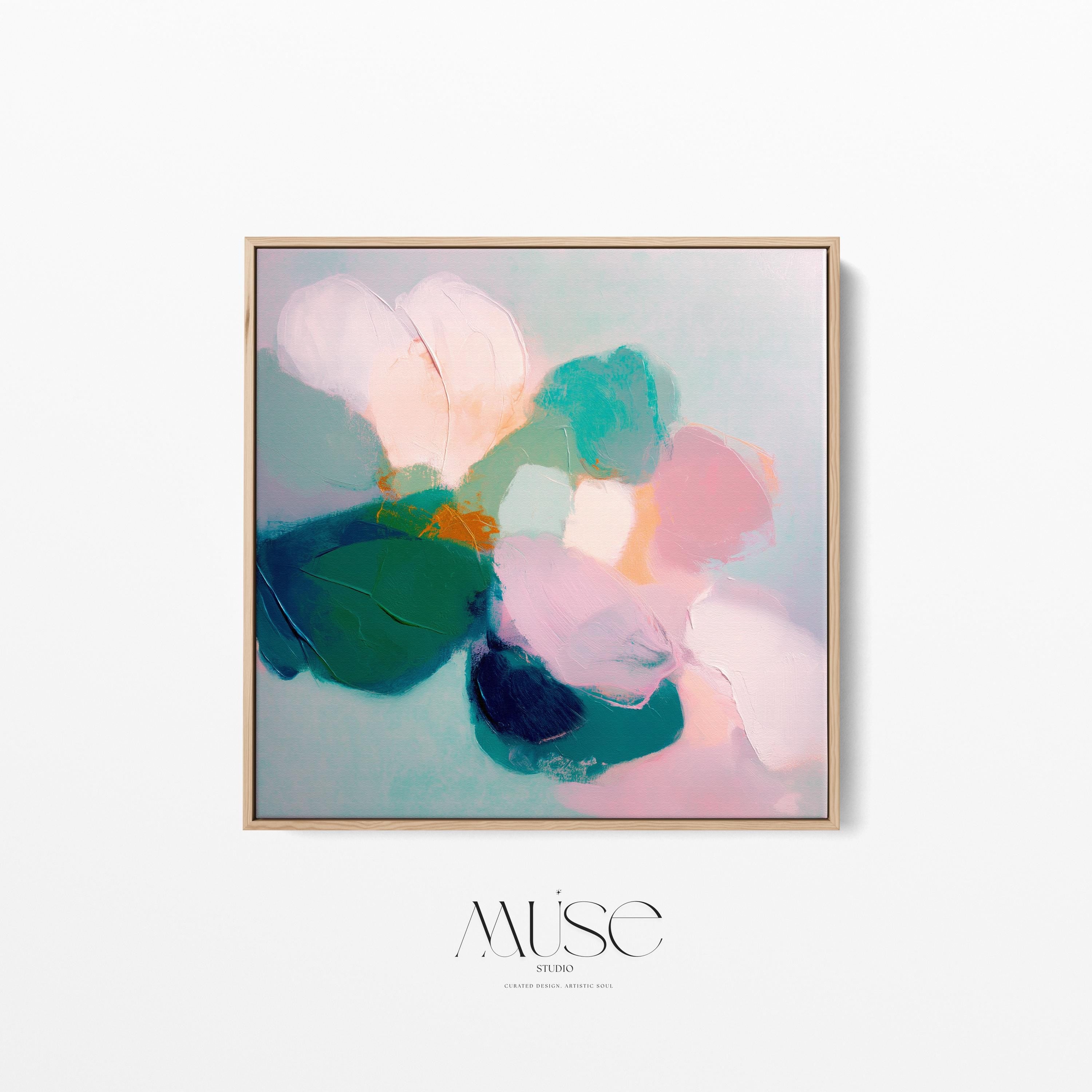 Aurora Muse 001 by Muse Studio — large horizontal colorful abstract floral art print in pink, teal, and coral tones, available as premium gallery-wrapped artist canvas or rolled fine art print, produced with museum-grade giclée inks for romantic botanical and modern designer interiors