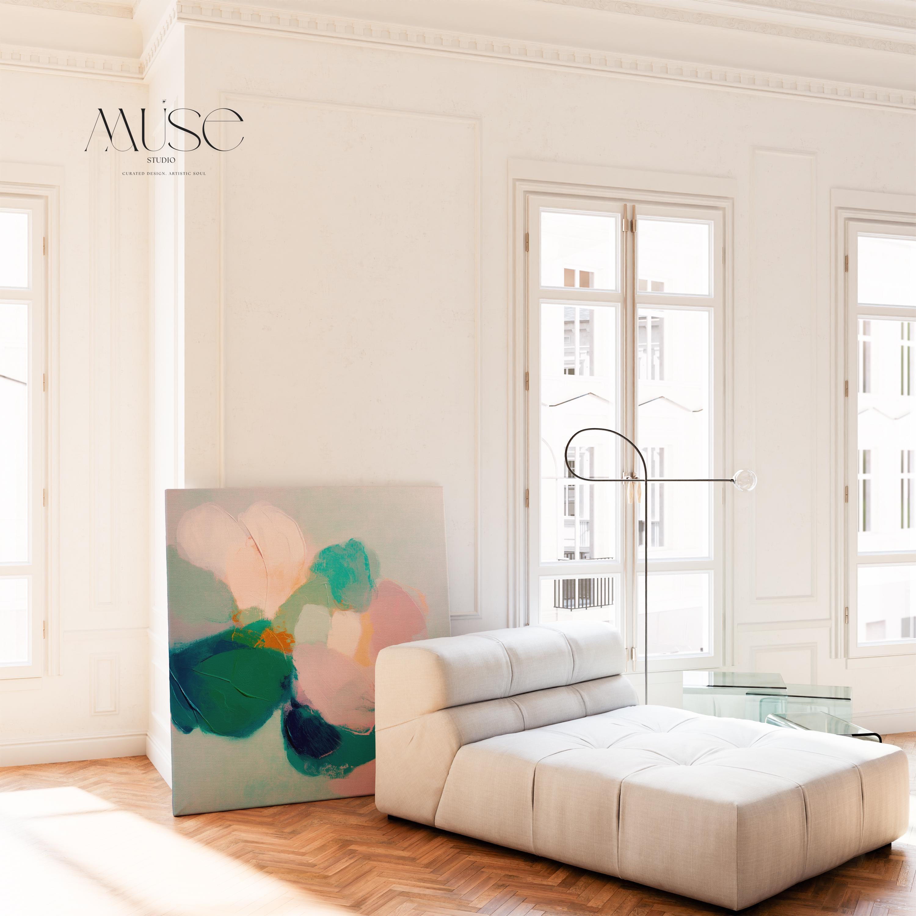 pastel floral canvas wall art in soft pink, teal, cream and blush tones, printed with museum-grade giclée inks on premium gallery-wrapped artist canvas, styled as serene bedroom wall decor and soft contemporary living room artwork with optional custom float frames in natural, white, black, antique gold or antique silver.