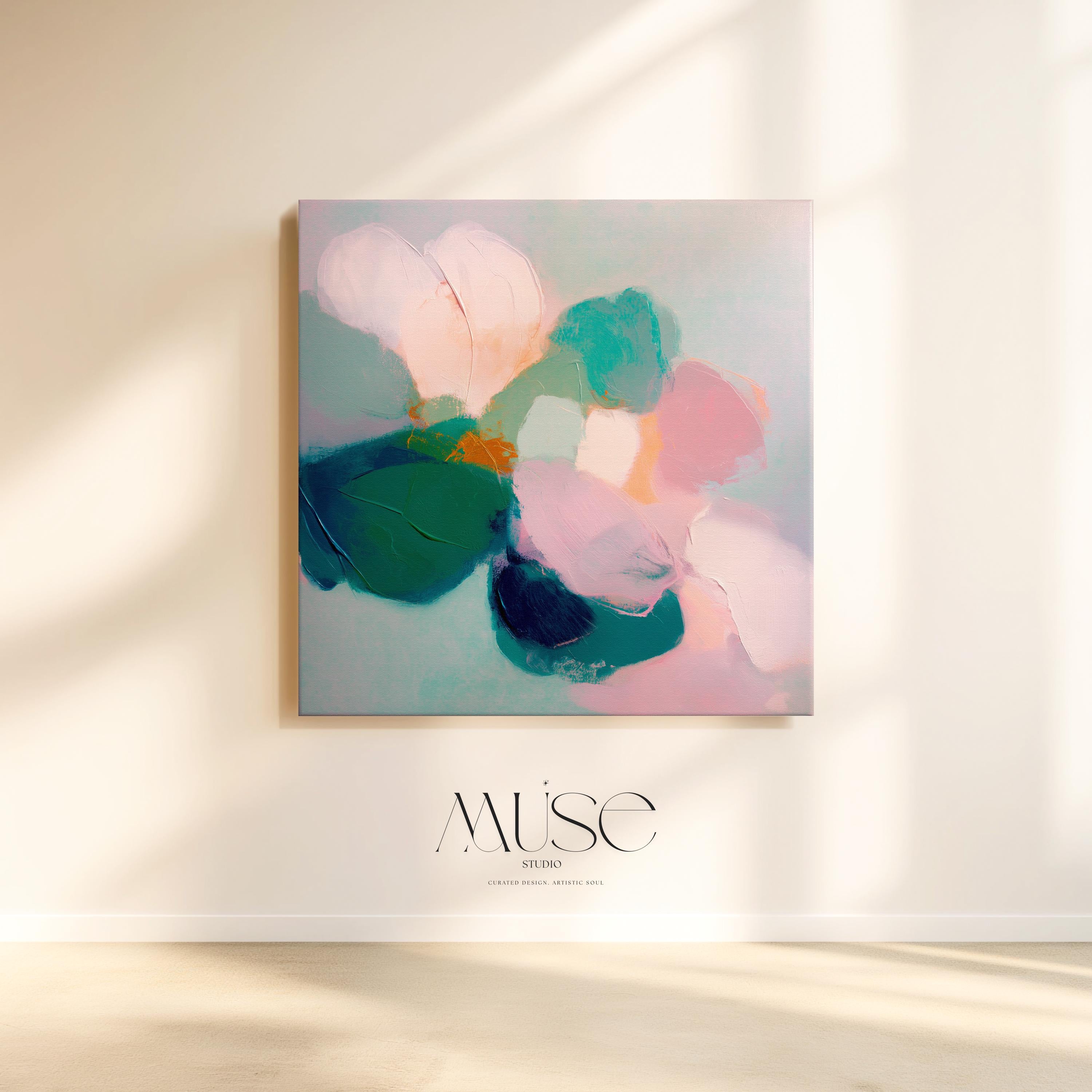 pastel floral canvas wall art in soft pink, teal, cream and blush tones, printed with museum-grade giclée inks on premium gallery-wrapped artist canvas, styled as serene bedroom wall decor and soft contemporary living room artwork with optional custom float frames in natural, white, black, antique gold or antique silver.