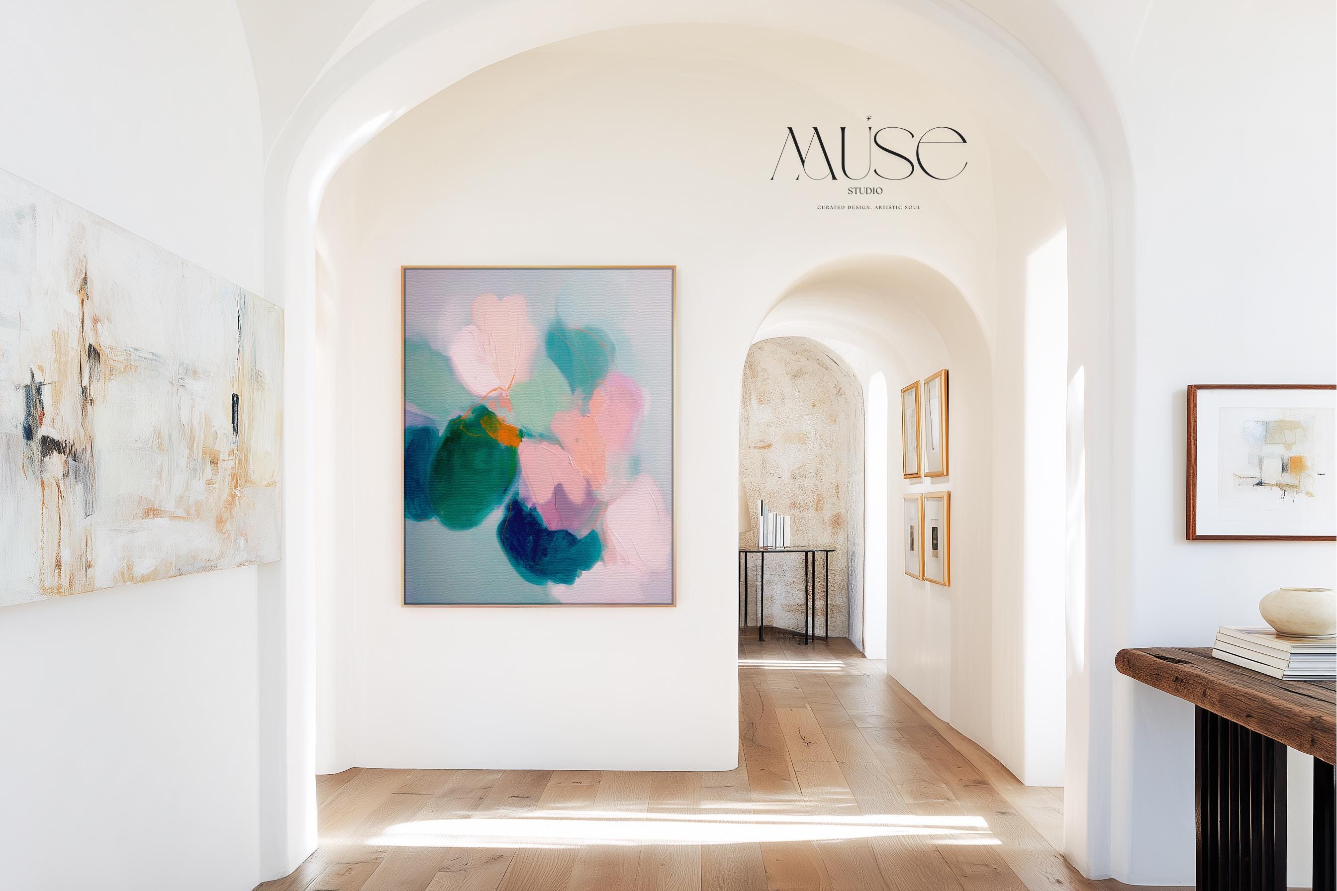 Aurora Muse 001 by Muse Studio — large vertical colorful abstract floral wall art in pink and teal tones on premium gallery-wrapped artist canvas with museum-grade giclée inks, finished in custom wood float frames in natural, white, black, antique gold, or silver for romantic botanical bedrooms and modern preppy interiors.