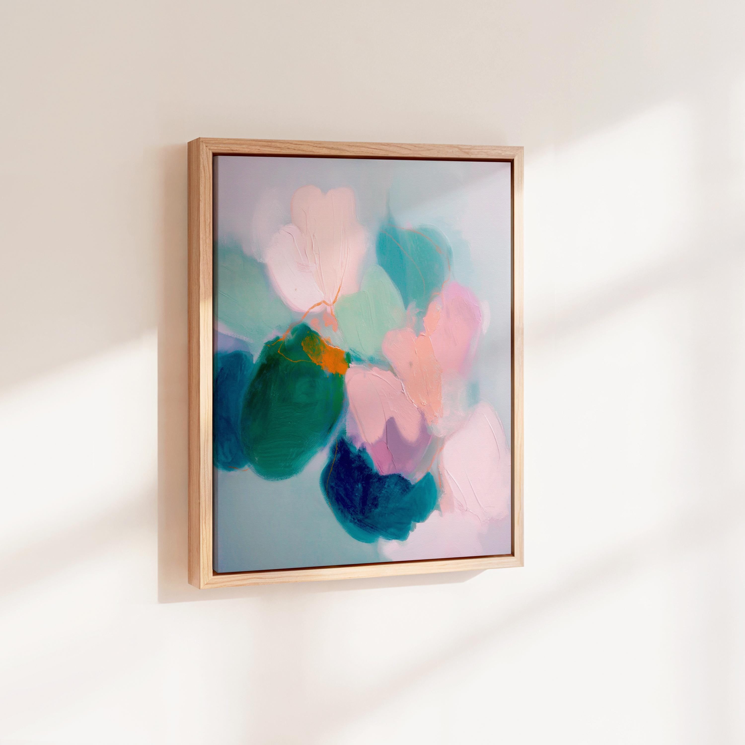 Aurora Muse 001 by Muse Studio — large vertical colorful abstract floral wall art in pink and teal tones on premium gallery-wrapped artist canvas with museum-grade giclée inks, finished in custom wood float frames in natural, white, black, antique gold, or silver for romantic botanical bedrooms and modern preppy interiors.