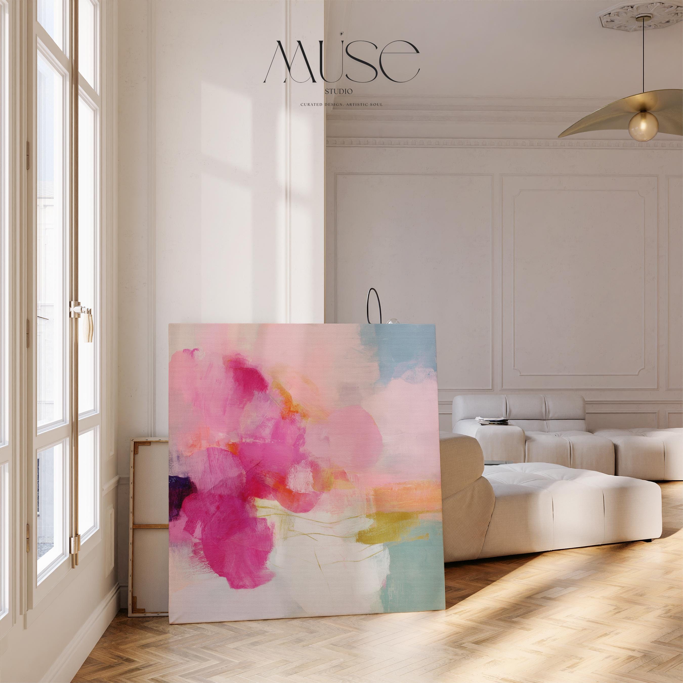 Square abstract canvas wall art featuring vivid pink, coral, and golden brushstrokes against a soft backdrop. Bold yet refined, this statement artwork suits transitional, boho, and soft contemporary interiors. Perfect for bedrooms, living rooms, or entryway decor. Available as framed or gallery-wrapped canvas.