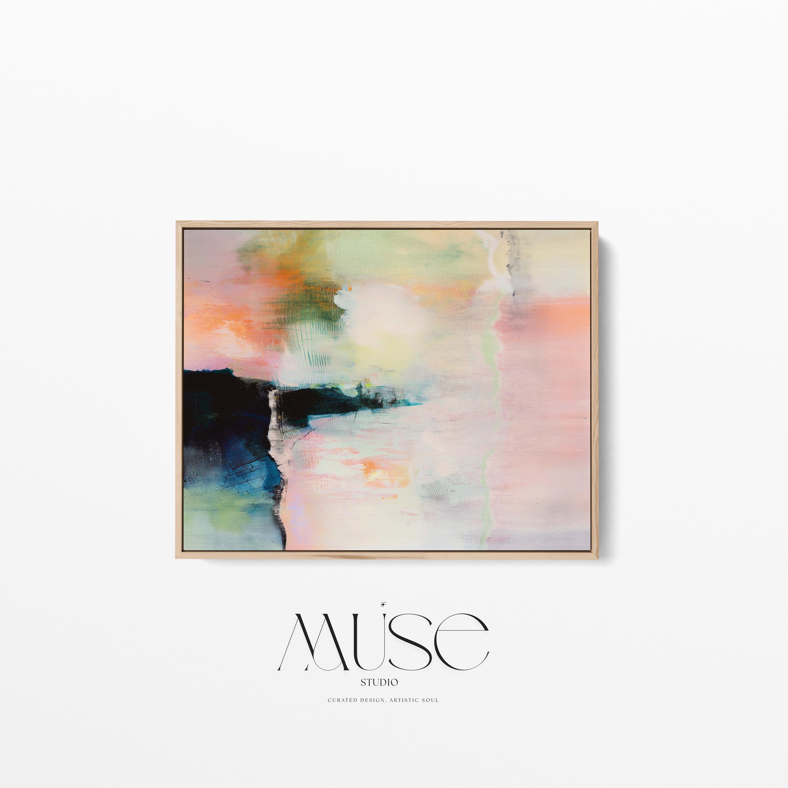 Summer Veil No. 308 by Muse Studio & Co. peach blush teal pastel abstract wall art printed with museum-grade giclée inks on premium gallery-wrapped artist canvas and framed in a custom wood float frame in natural, white, black, antique gold, or antique silver, styled above a warm minimal living room sofa.