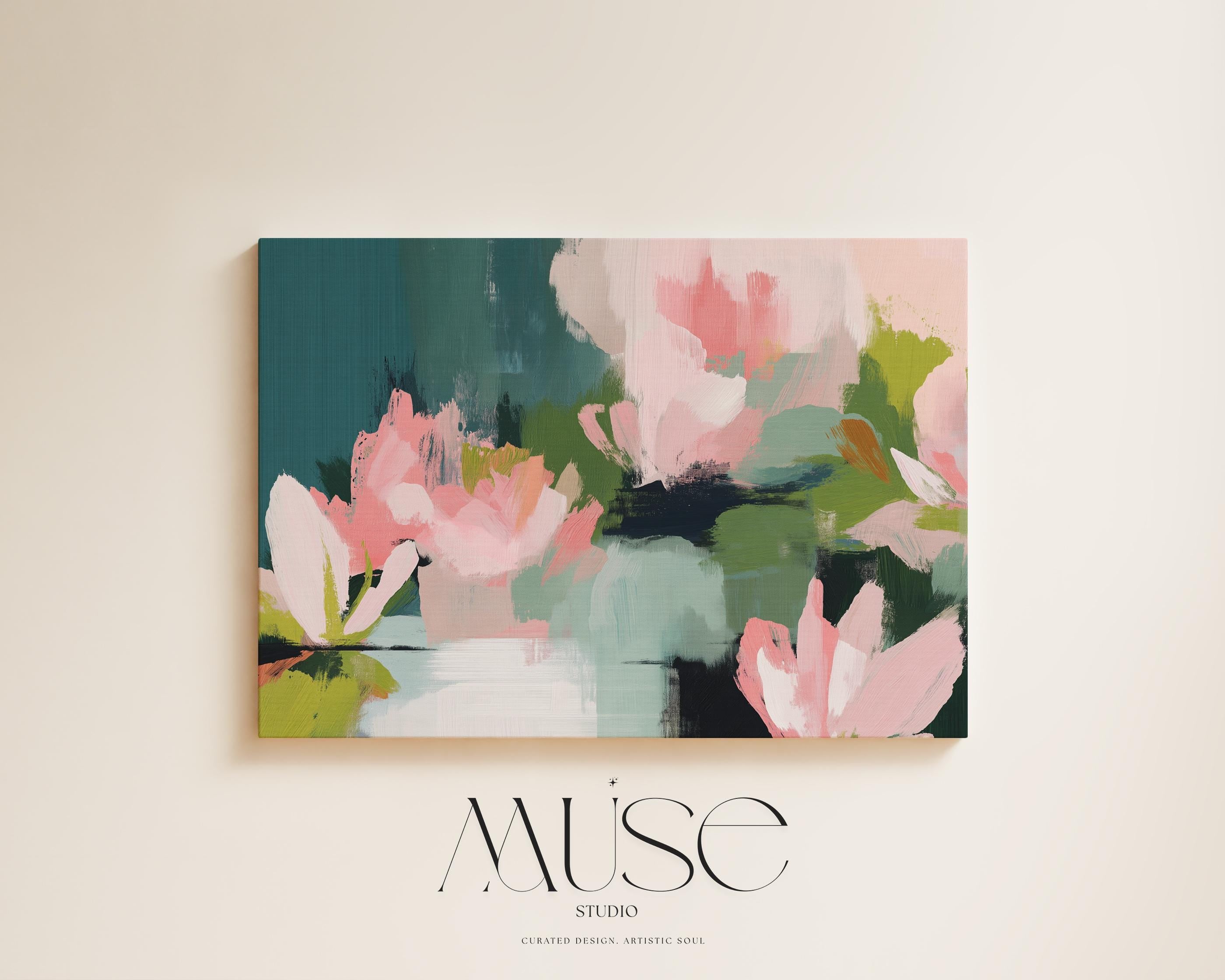 Muse Studio large horizontal floral abstract wall art in spring green, blush pink, and deep teal on museum-grade gallery-wrapped artist canvas, styled above a bed in a Romantic Botanical bedroom with Organic Transitional influence.