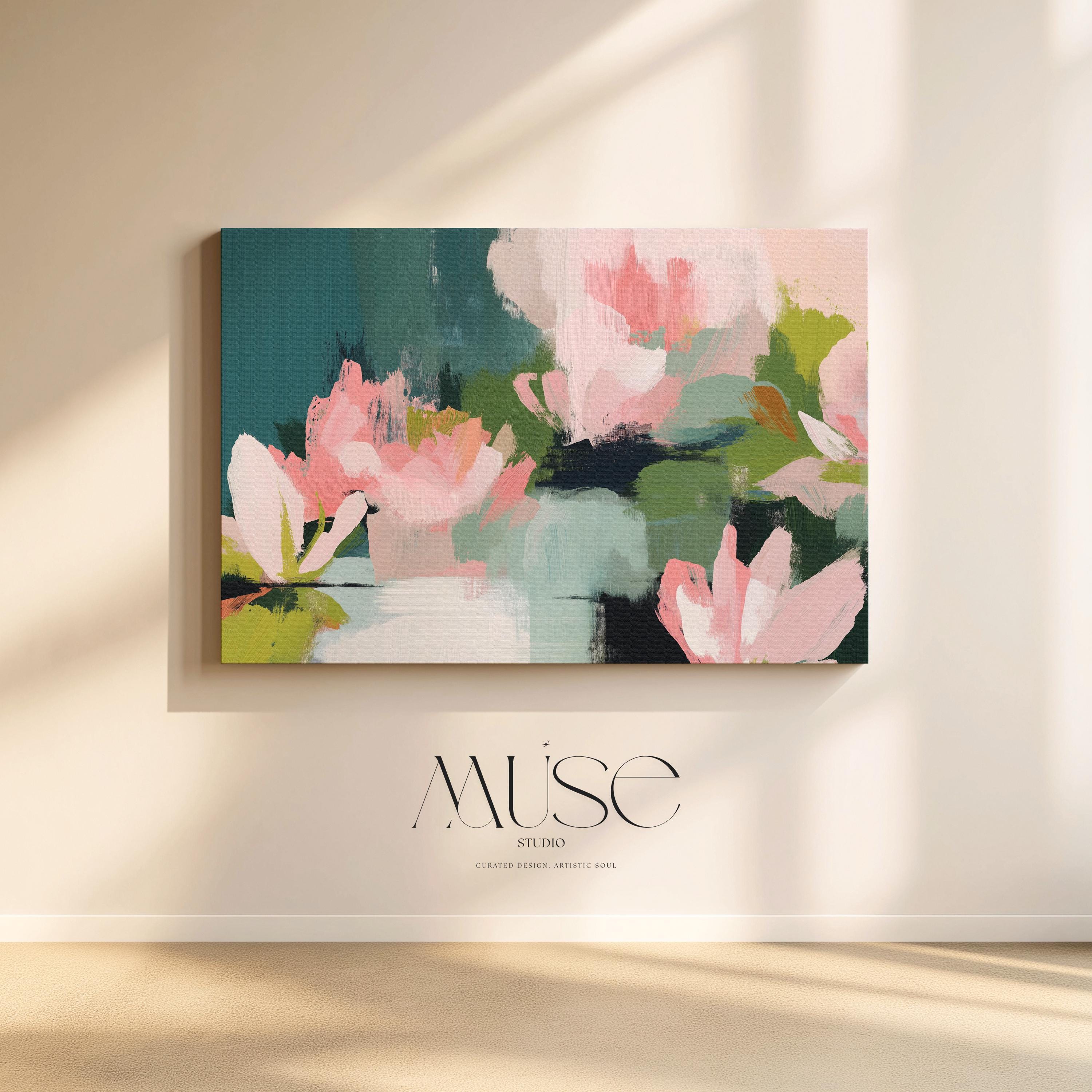 Muse Studio large horizontal floral abstract wall art in spring green, blush pink, and deep teal on museum-grade gallery-wrapped artist canvas, styled above a bed in a Romantic Botanical bedroom with Organic Transitional influence.