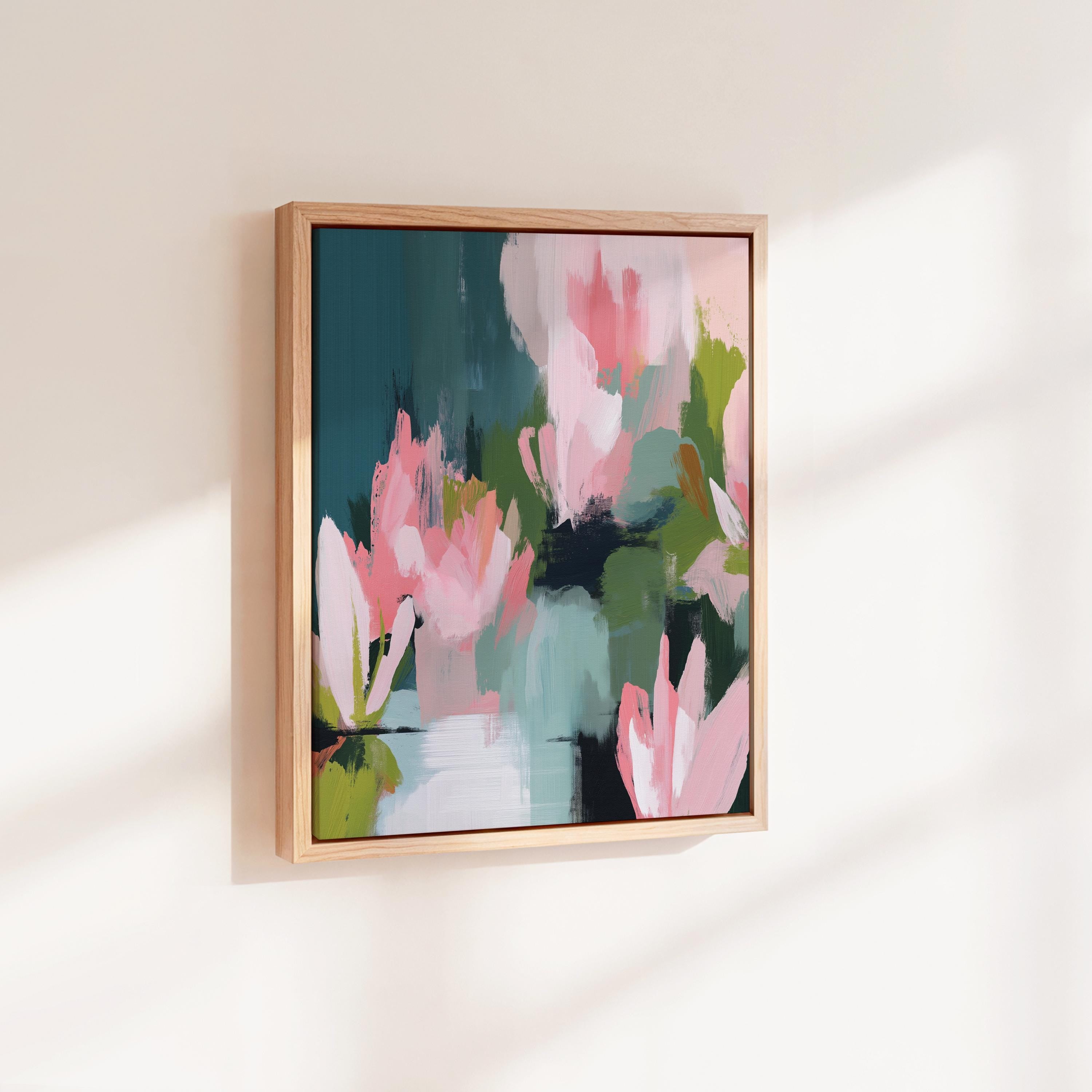 Muse Studio large vertical floral abstract wall art in blush pink, deep teal, sage, and moss tones, created on premium gallery-wrapped artist canvas with museum-grade giclée inks, framed in 100% wood float frame, styled for Modern Cottage living rooms or serene bedrooms.