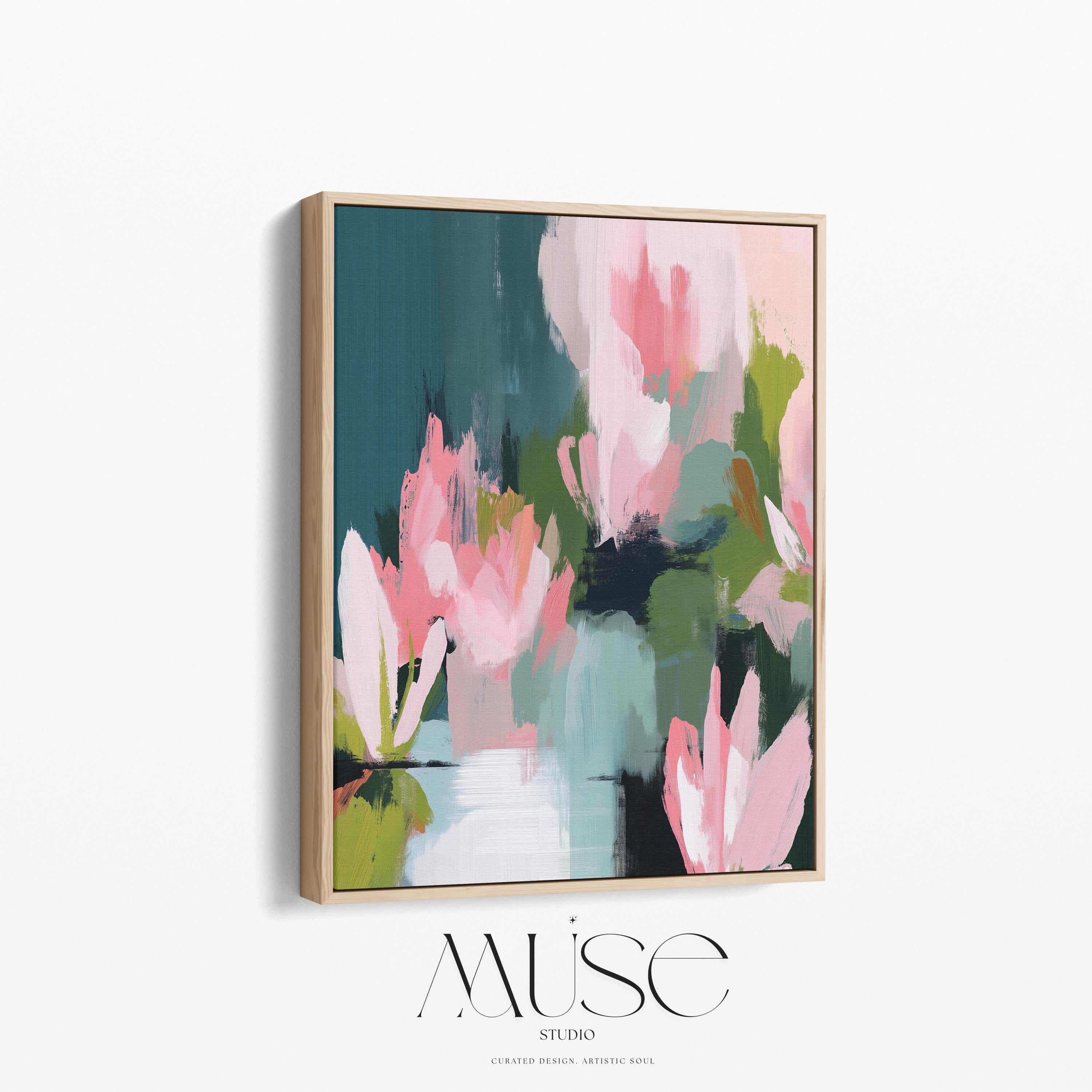 Muse Studio large vertical floral abstract wall art in blush pink, deep teal, sage, and moss tones, created on premium gallery-wrapped artist canvas with museum-grade giclée inks, framed in 100% wood float frame, styled for Modern Cottage living rooms or serene bedrooms.