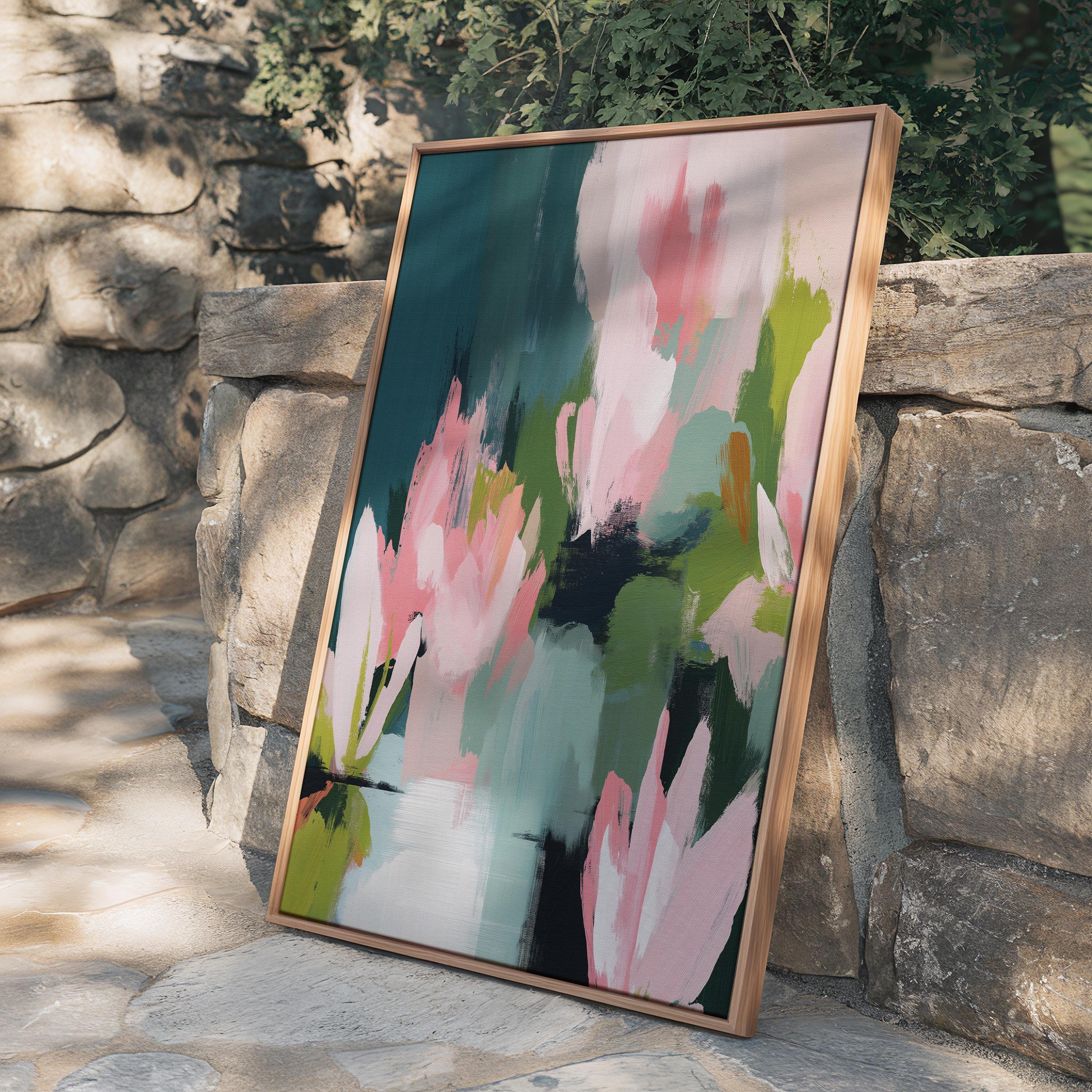 Muse Studio large vertical floral abstract wall art in blush pink, deep teal, sage, and moss tones, created on premium gallery-wrapped artist canvas with museum-grade giclée inks, framed in 100% wood float frame, styled for Modern Cottage living rooms or serene bedrooms.