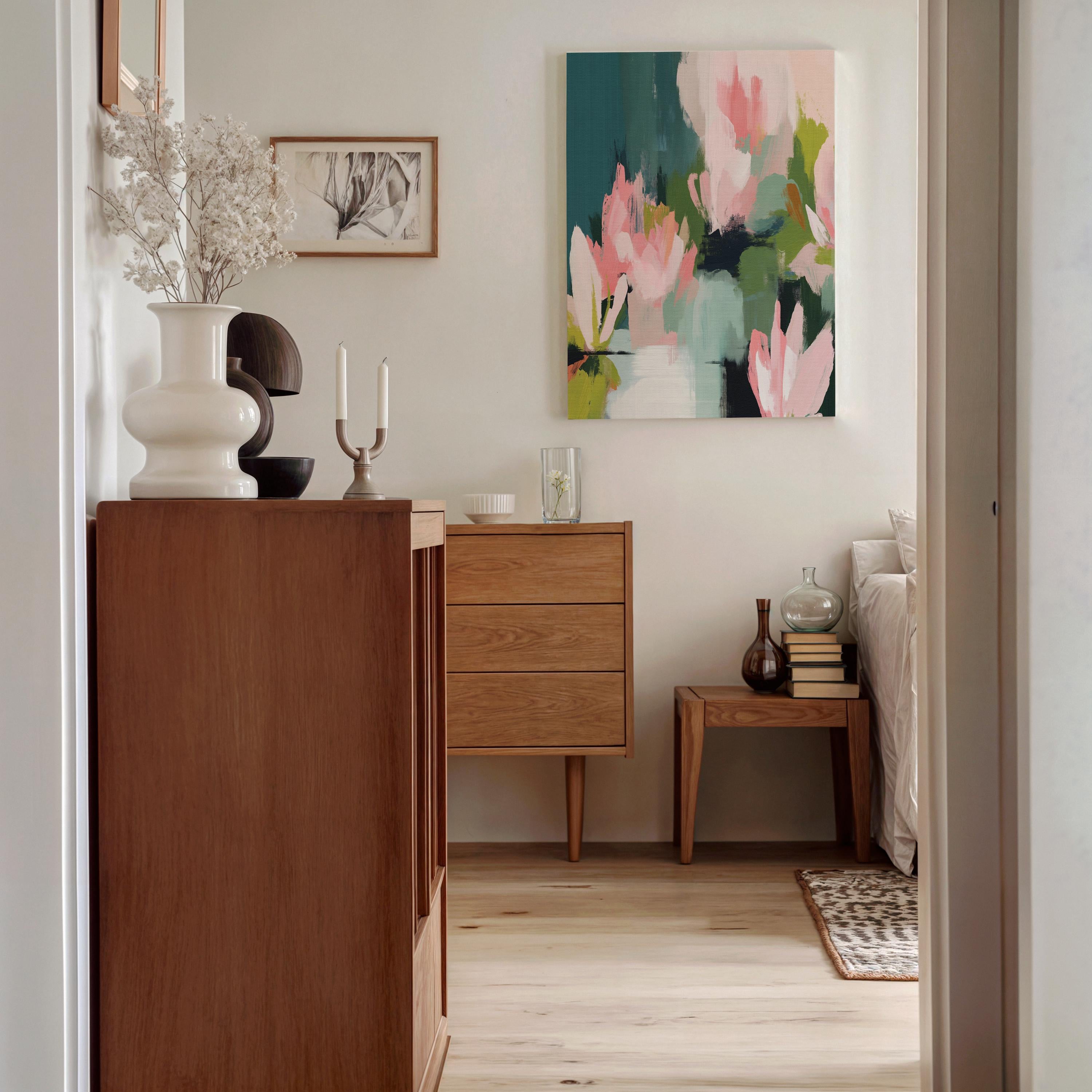 Muse Studio large vertical floral abstract wall art on premium gallery-wrapped artist canvas using museum-grade giclée inks, styled for an Organic Transitional living room or bedroom with soft botanical tones.