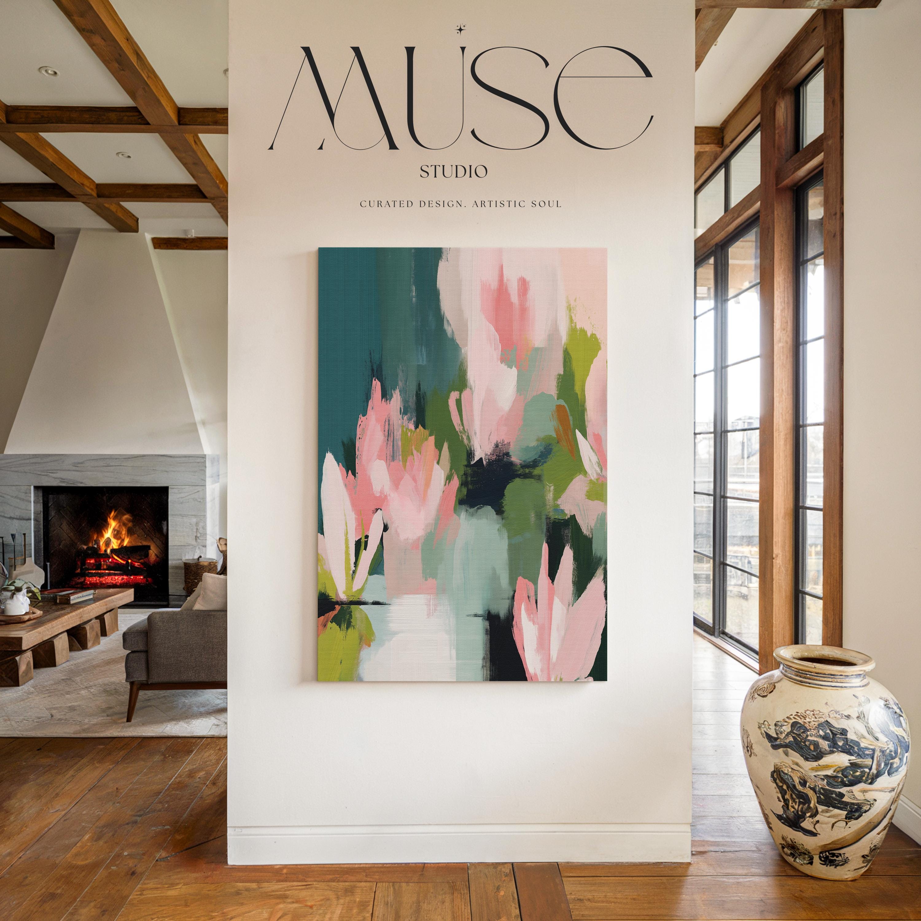 Muse Studio large vertical floral abstract wall art on premium gallery-wrapped artist canvas using museum-grade giclée inks, styled for an Organic Transitional living room or bedroom with soft botanical tones.