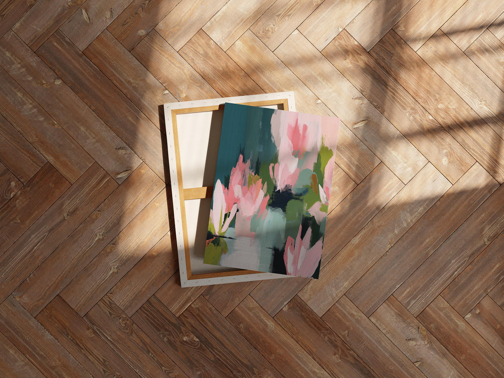 Muse Studio large vertical floral abstract wall art on premium gallery-wrapped artist canvas using museum-grade giclée inks, styled for an Organic Transitional living room or bedroom with soft botanical tones.