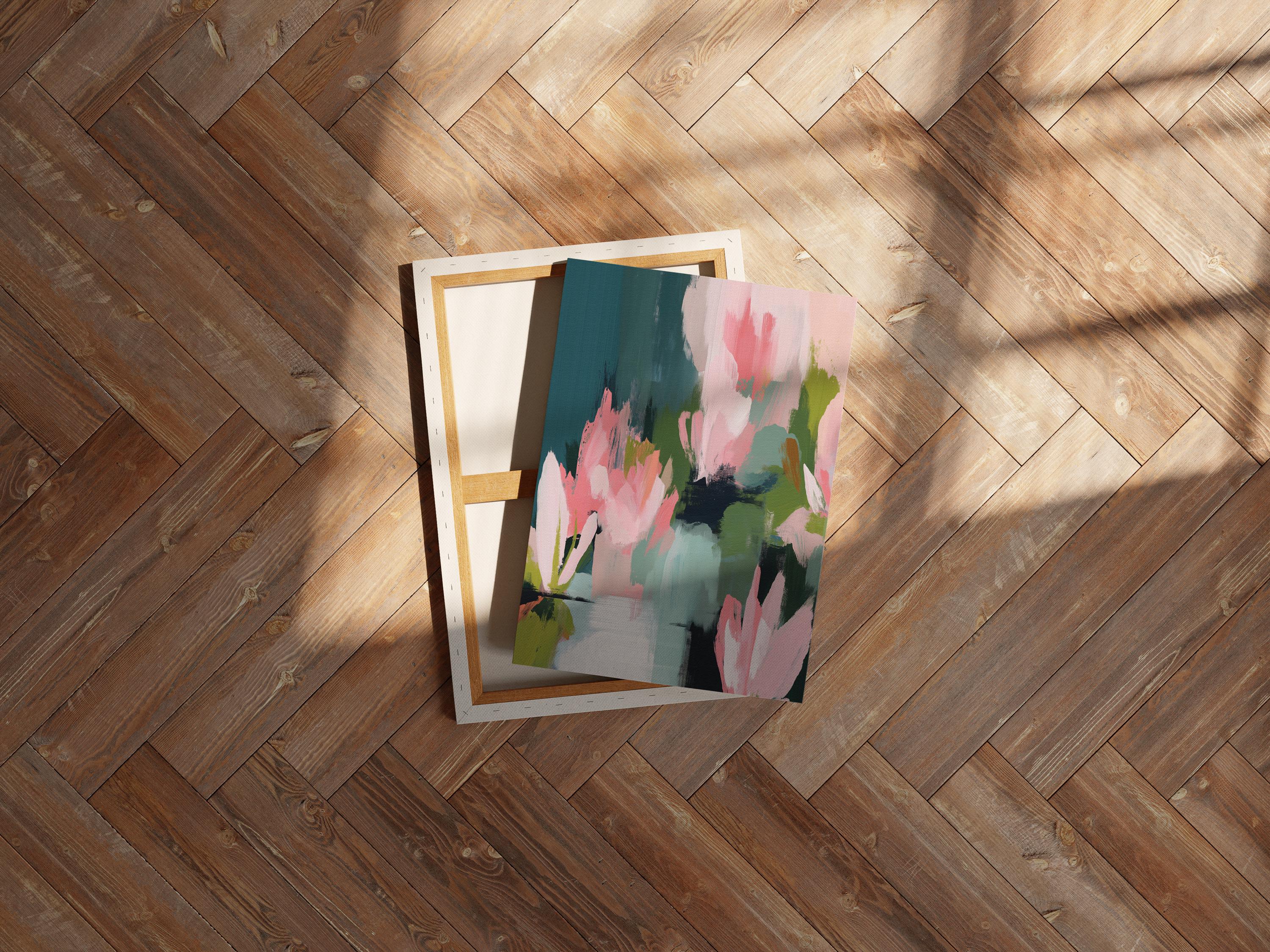 Muse Studio large vertical floral abstract wall art on premium gallery-wrapped artist canvas using museum-grade giclée inks, styled for an Organic Transitional living room or bedroom with soft botanical tones.