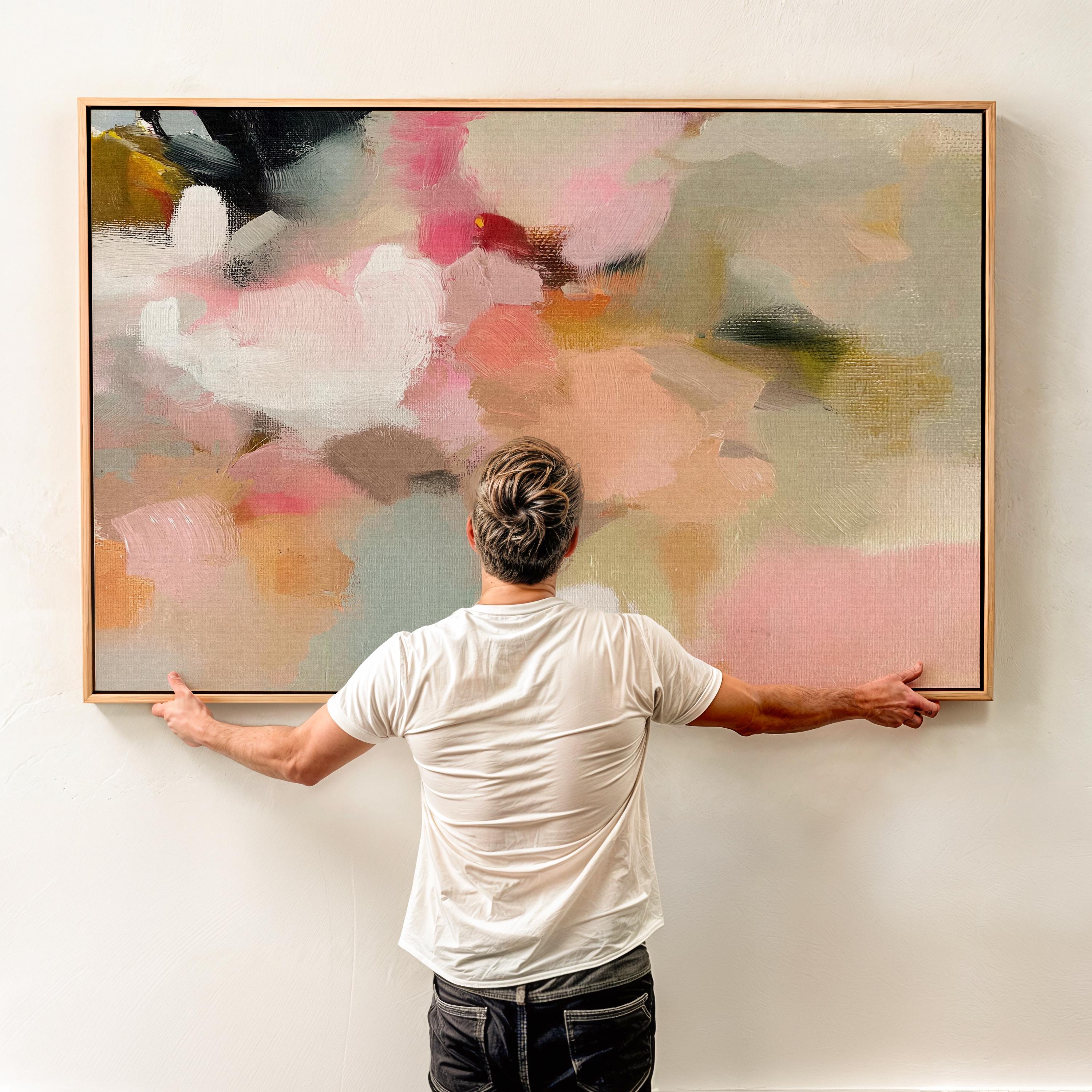 Blush Meadow No. 1047 by Muse Studio large horizontal abstract wall art on premium gallery-wrapped artist canvas with museum-grade giclée inks, framed in natural wood for Organic Transitional living rooms and serene designer interiors.
