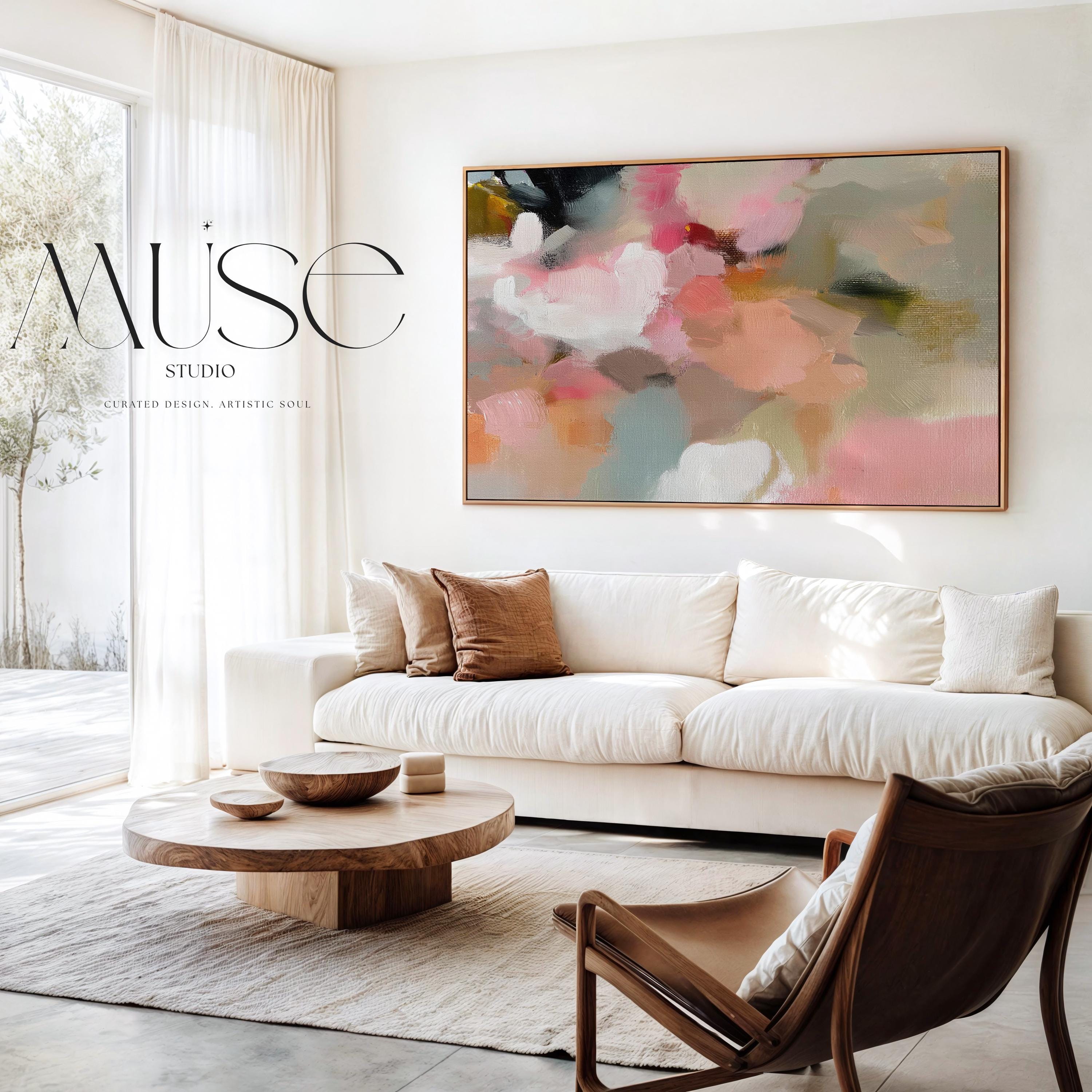 Blush Meadow No. 1047 by Muse Studio large horizontal abstract wall art on premium gallery-wrapped artist canvas with museum-grade giclée inks, framed in natural wood for Organic Transitional living rooms and serene designer interiors.