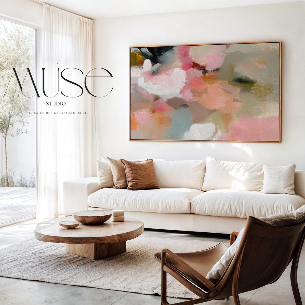 Blush Meadow No. 1047 by Muse Studio large horizontal abstract wall art on premium gallery-wrapped artist canvas with museum-grade giclée inks, framed in natural wood for Organic Transitional living rooms and serene designer interiors.